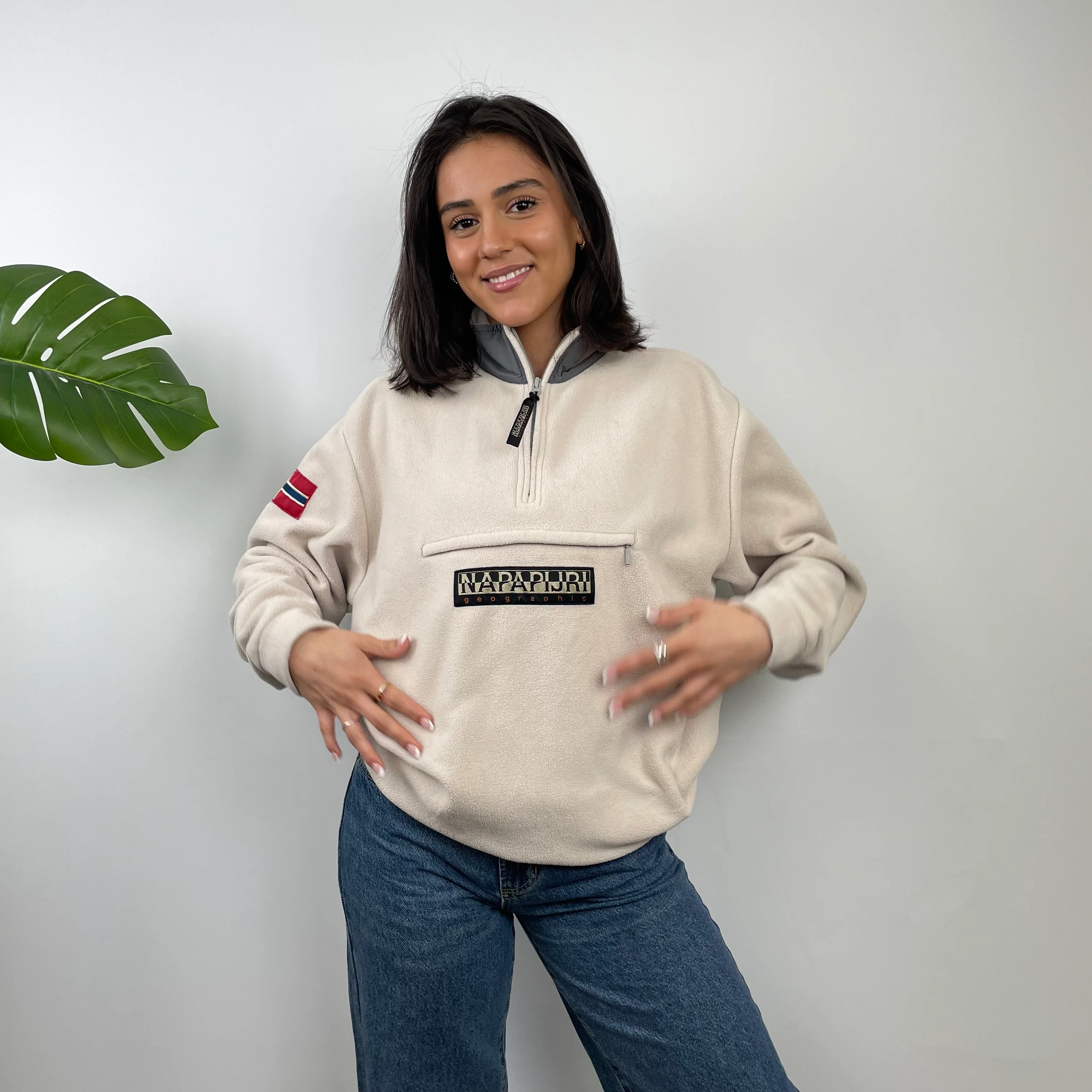 Napapijri Cream Embroidered Spell Out Teddy Bear Fleece Quarter Zip (M) - Image 7