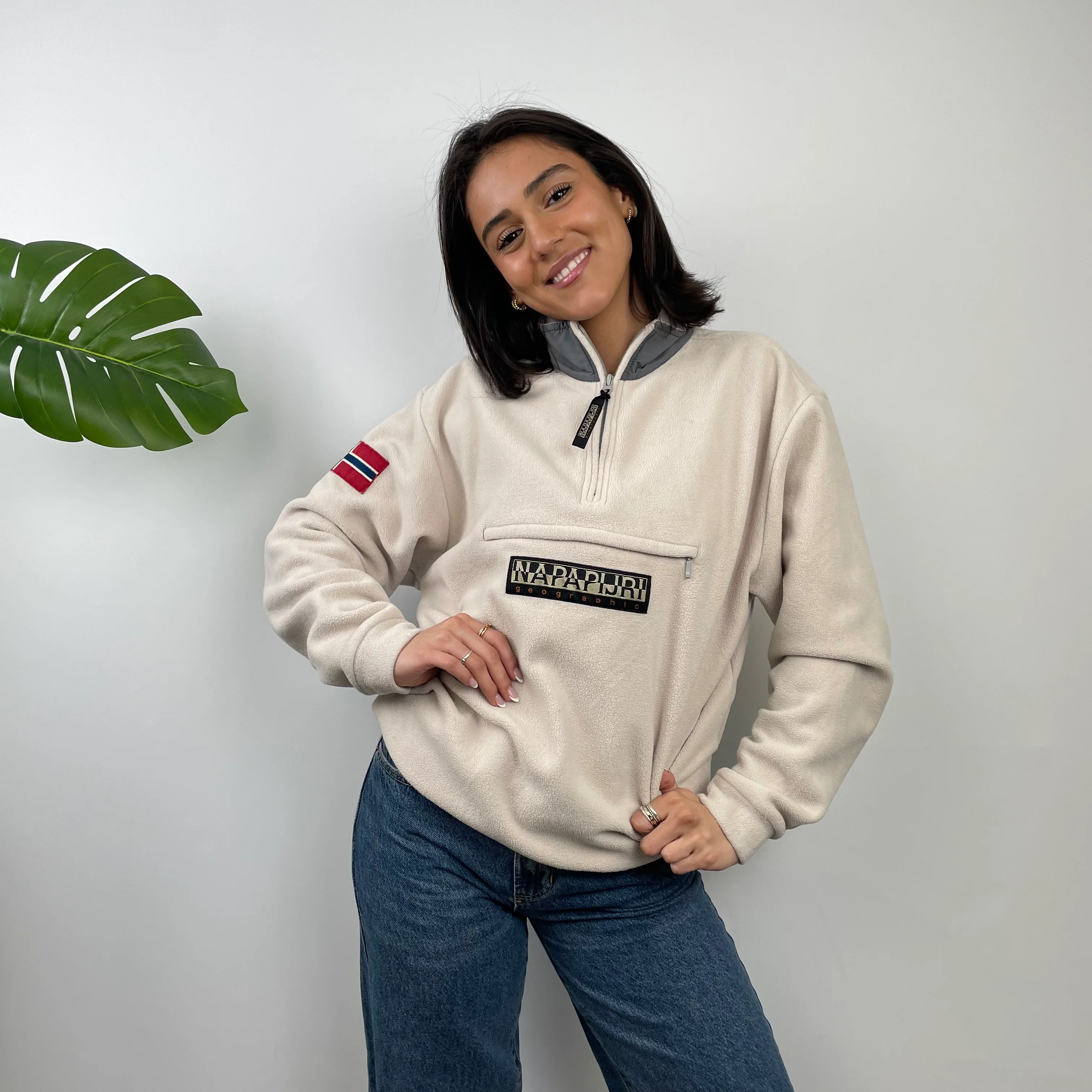 Napapijri Cream Embroidered Spell Out Teddy Bear Fleece Quarter Zip (M) - Image 8