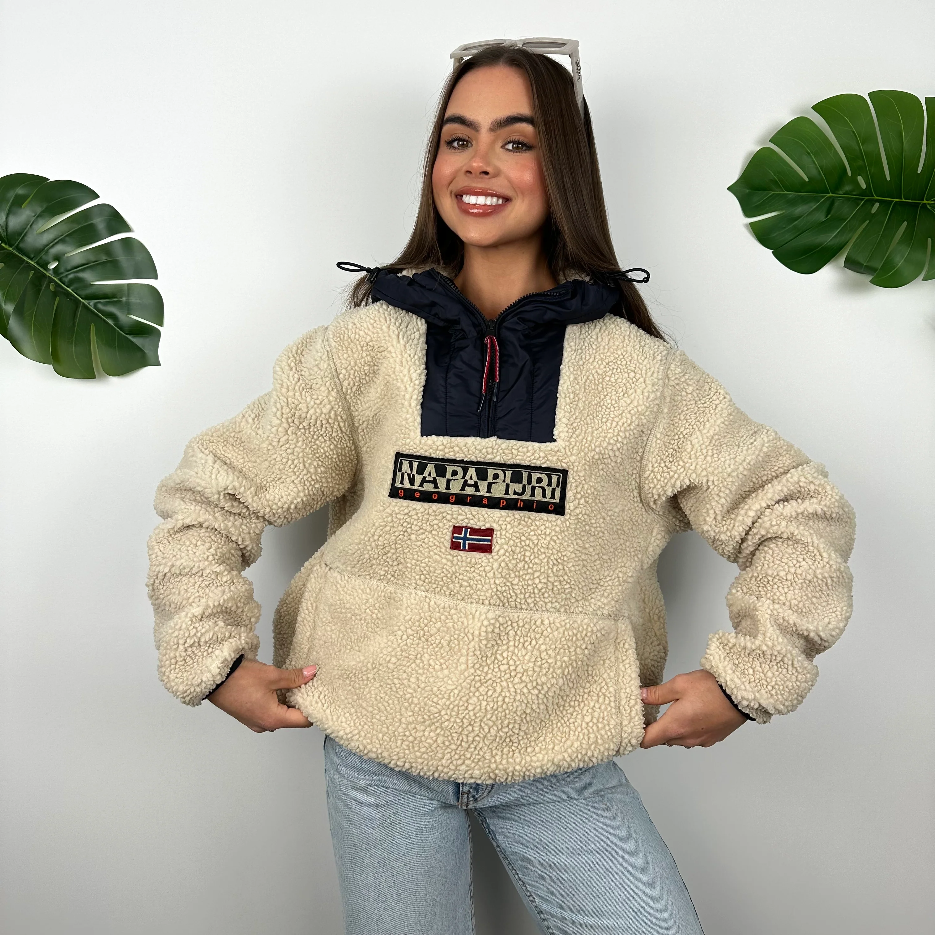 Napapijri Cream & Navy Embroidered Spell Out Teddy Bear Fleece Quarter Zip (M)