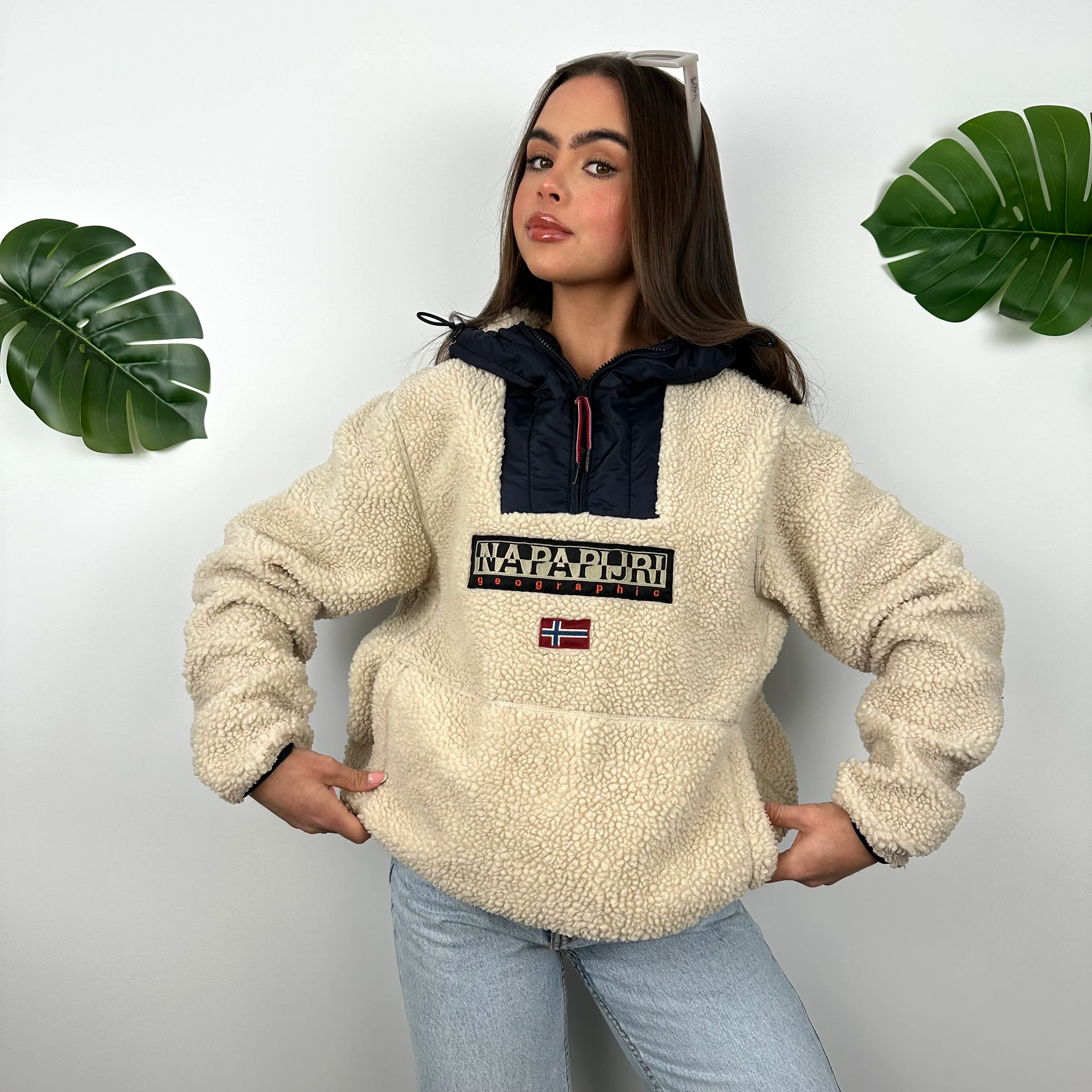 Napapijri Cream & Navy Embroidered Spell Out Teddy Bear Fleece Quarter Zip (M) - Image 3