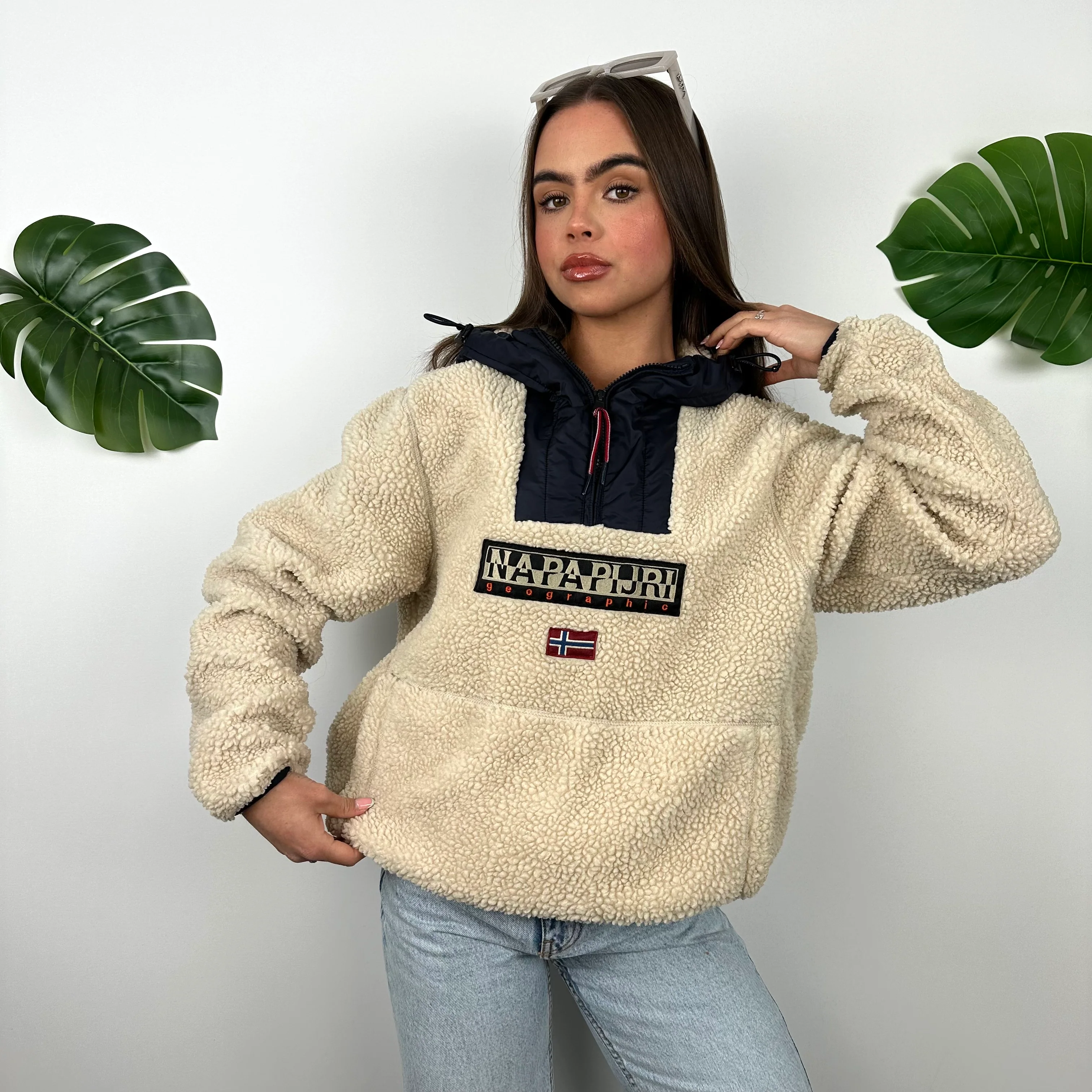 Napapijri Cream & Navy Embroidered Spell Out Teddy Bear Fleece Quarter Zip (M) - Image 4