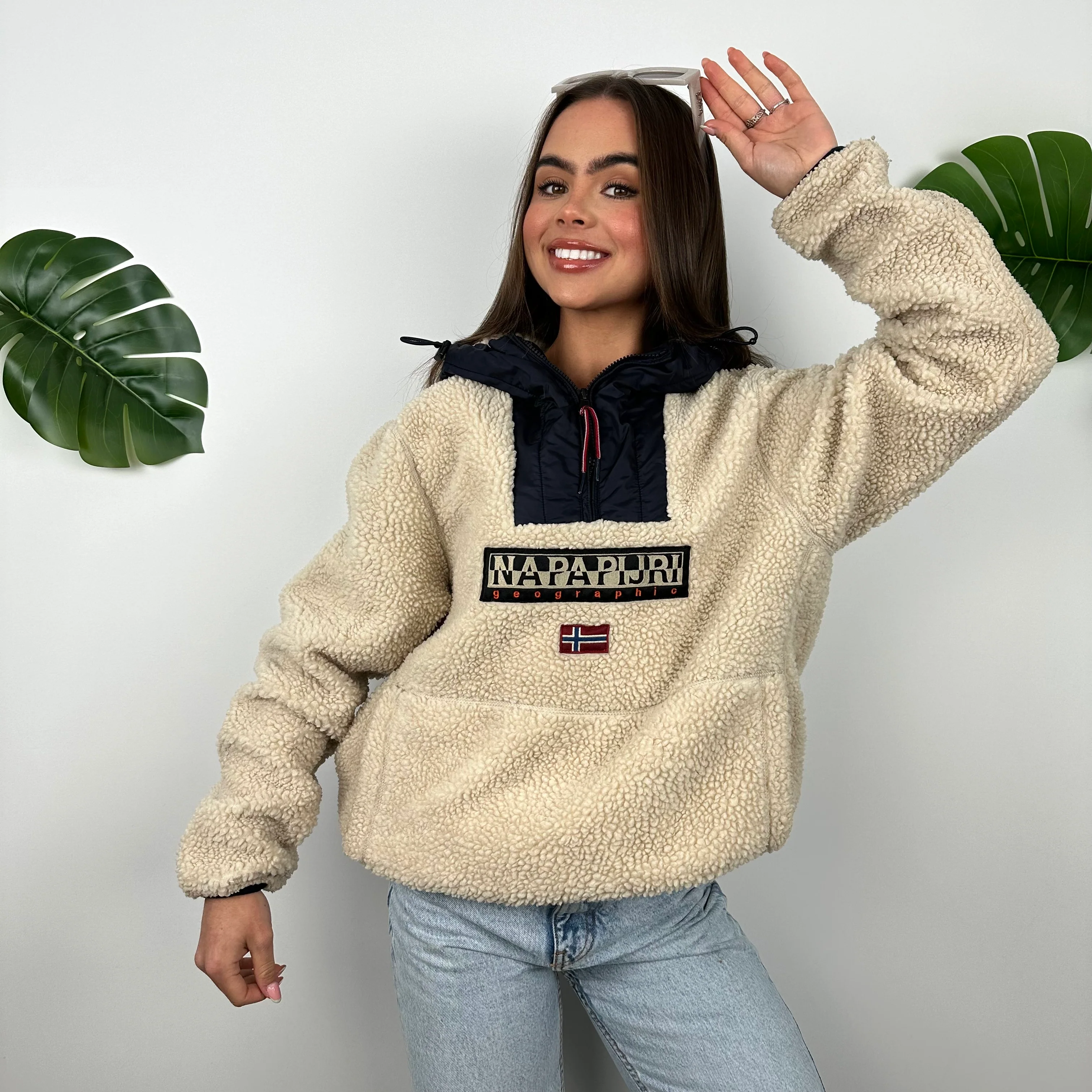 Napapijri Cream & Navy Embroidered Spell Out Teddy Bear Fleece Quarter Zip (M) - Image 6