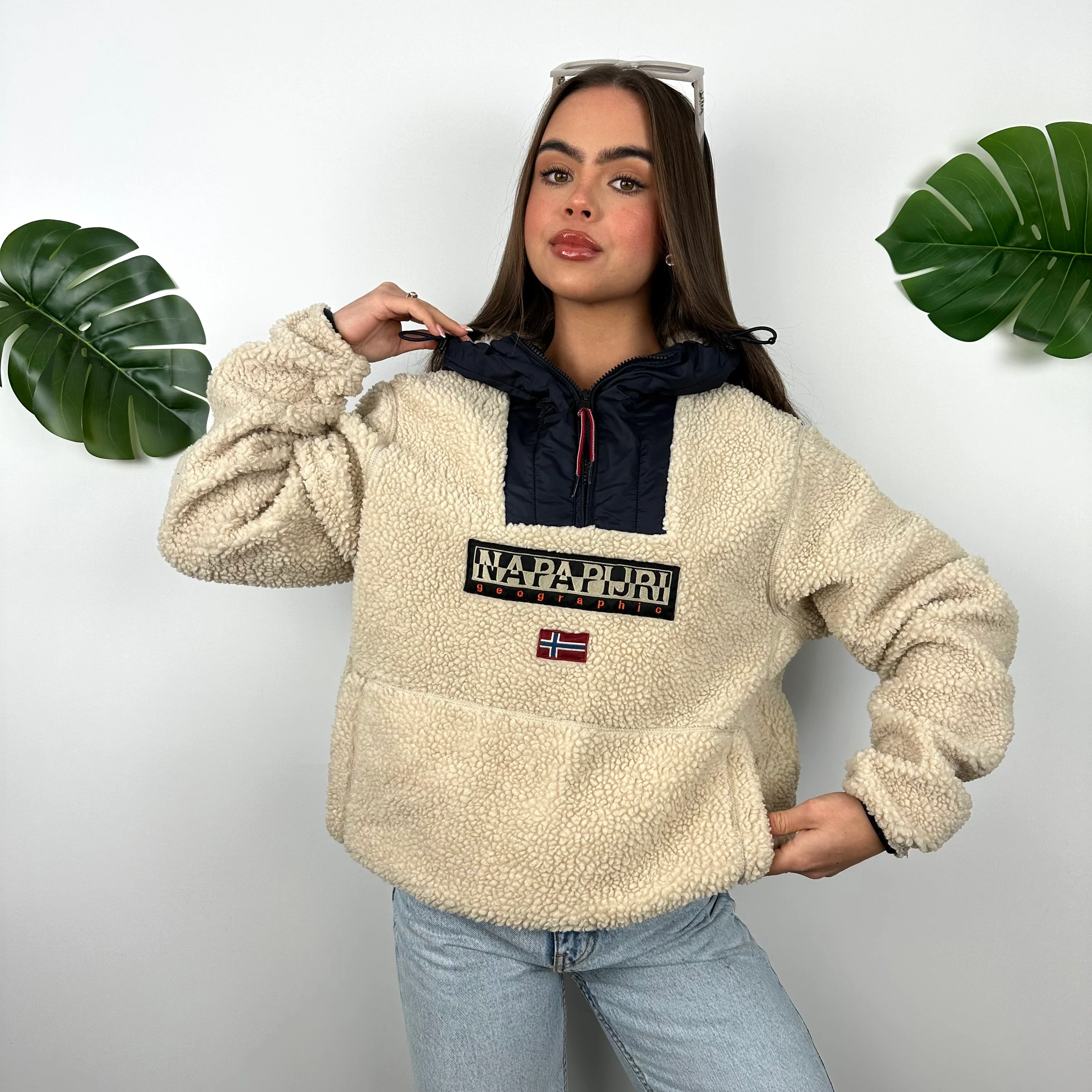 Napapijri Cream & Navy Embroidered Spell Out Teddy Bear Fleece Quarter Zip (M) - Image 7