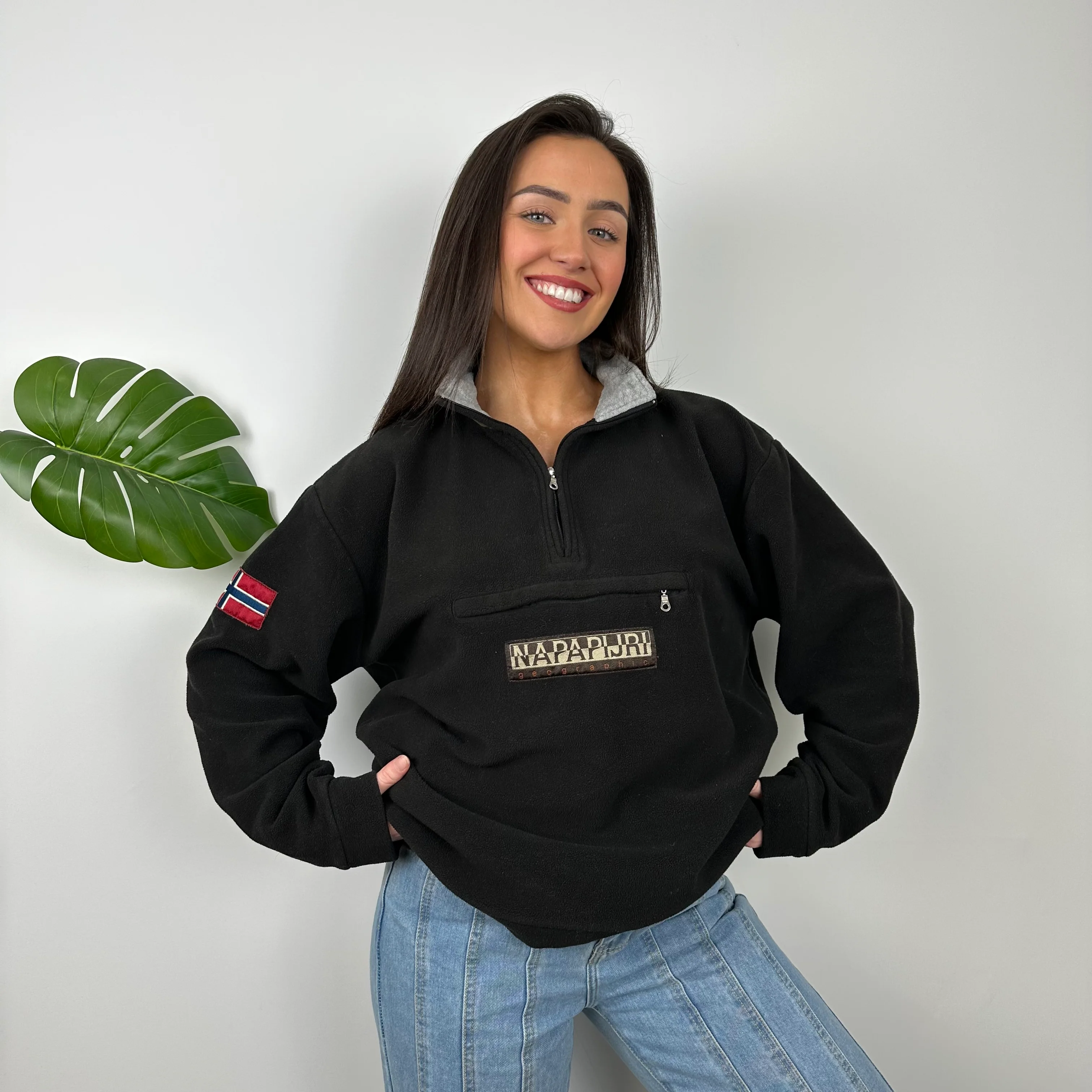 Napapijri RARE Black Embroidered Spell Out Teddy Bear Fleece Quarter Zip Sweatshirt (M) - Image 2
