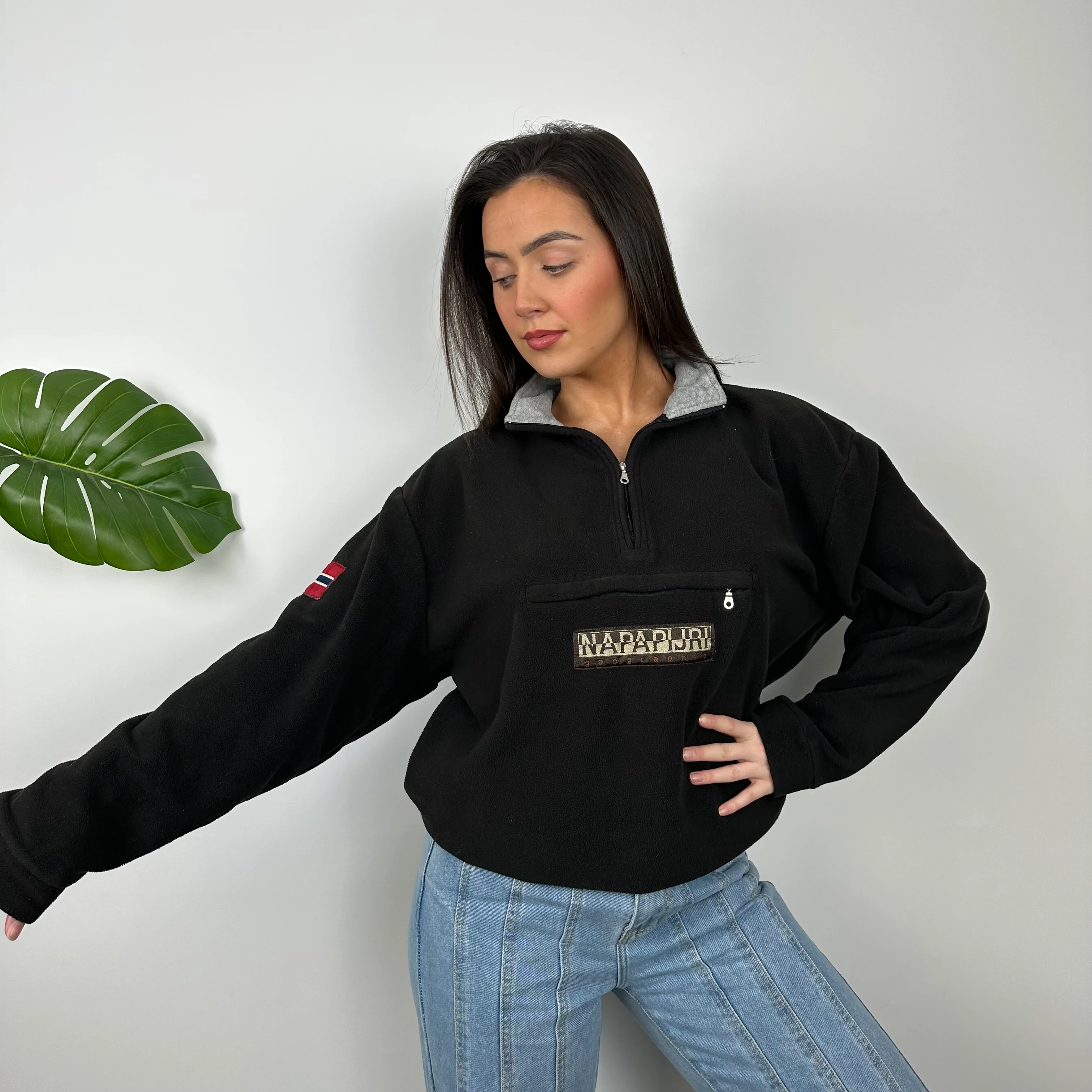 Napapijri RARE Black Embroidered Spell Out Teddy Bear Fleece Quarter Zip Sweatshirt (M) - Image 3