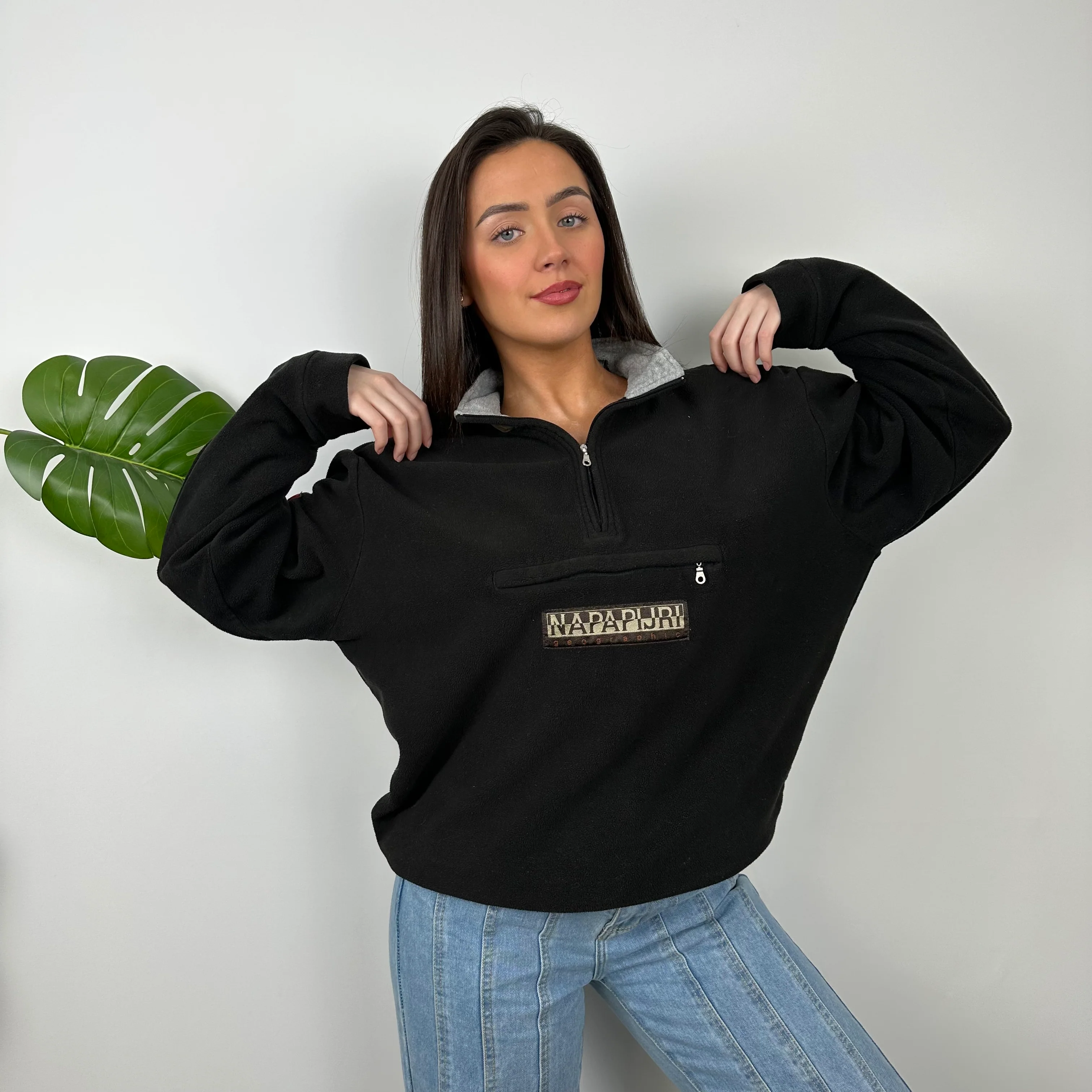 Napapijri RARE Black Embroidered Spell Out Teddy Bear Fleece Quarter Zip Sweatshirt (M) - Image 4