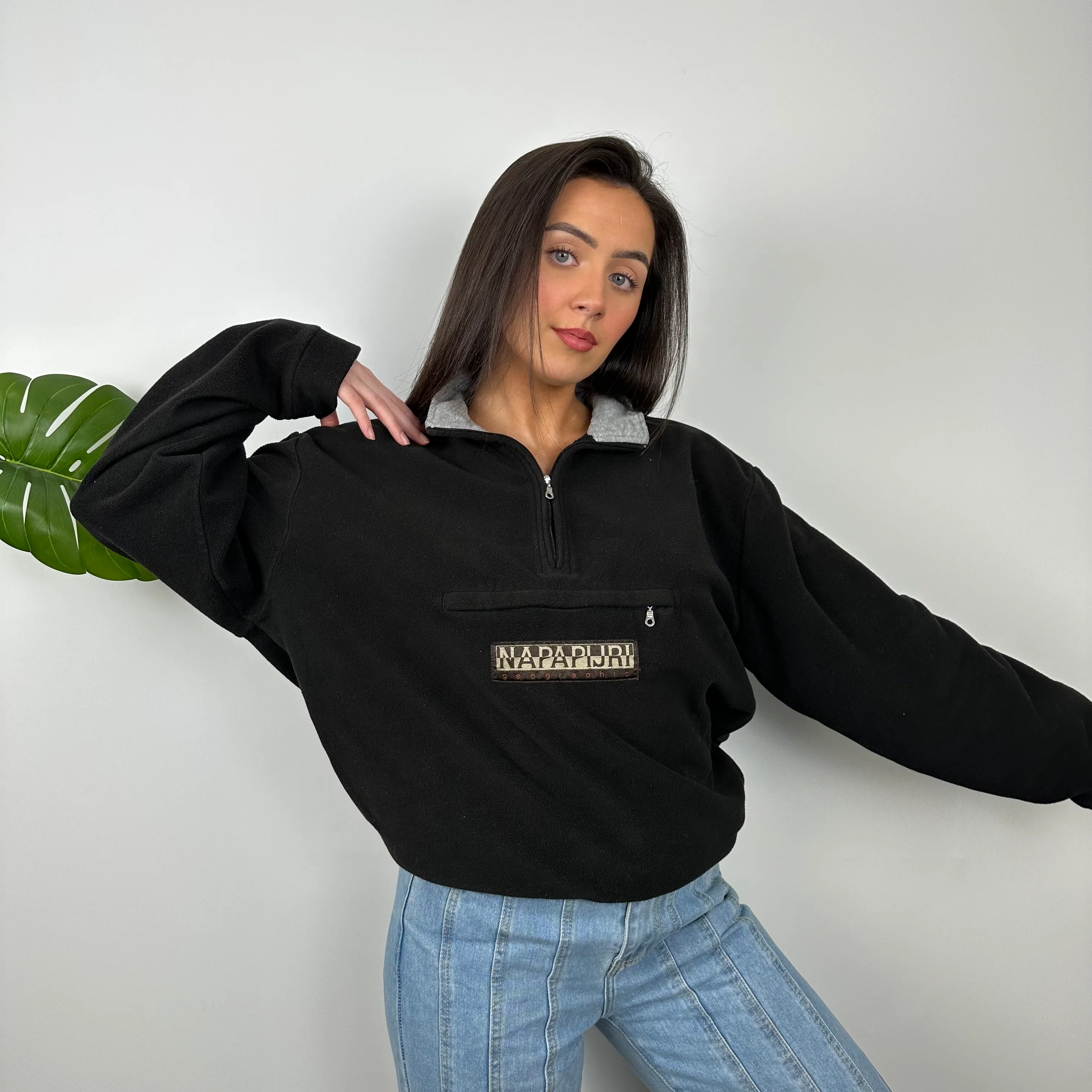 Napapijri RARE Black Embroidered Spell Out Teddy Bear Fleece Quarter Zip Sweatshirt (M) - Image 5