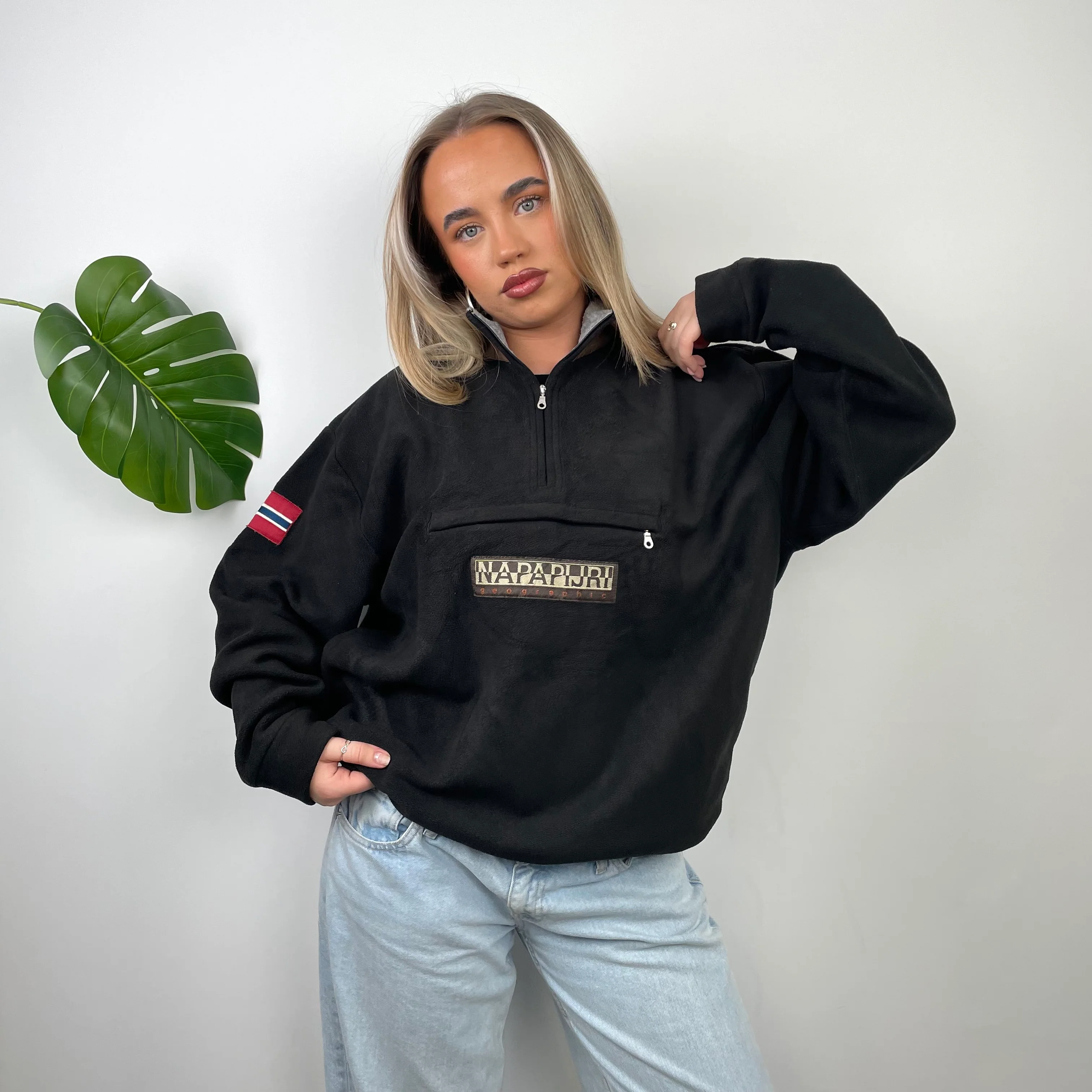 Napapijri RARE Black Embroidered Spell Out Teddy Bear Fleece Quarter Zip Sweatshirt (L)