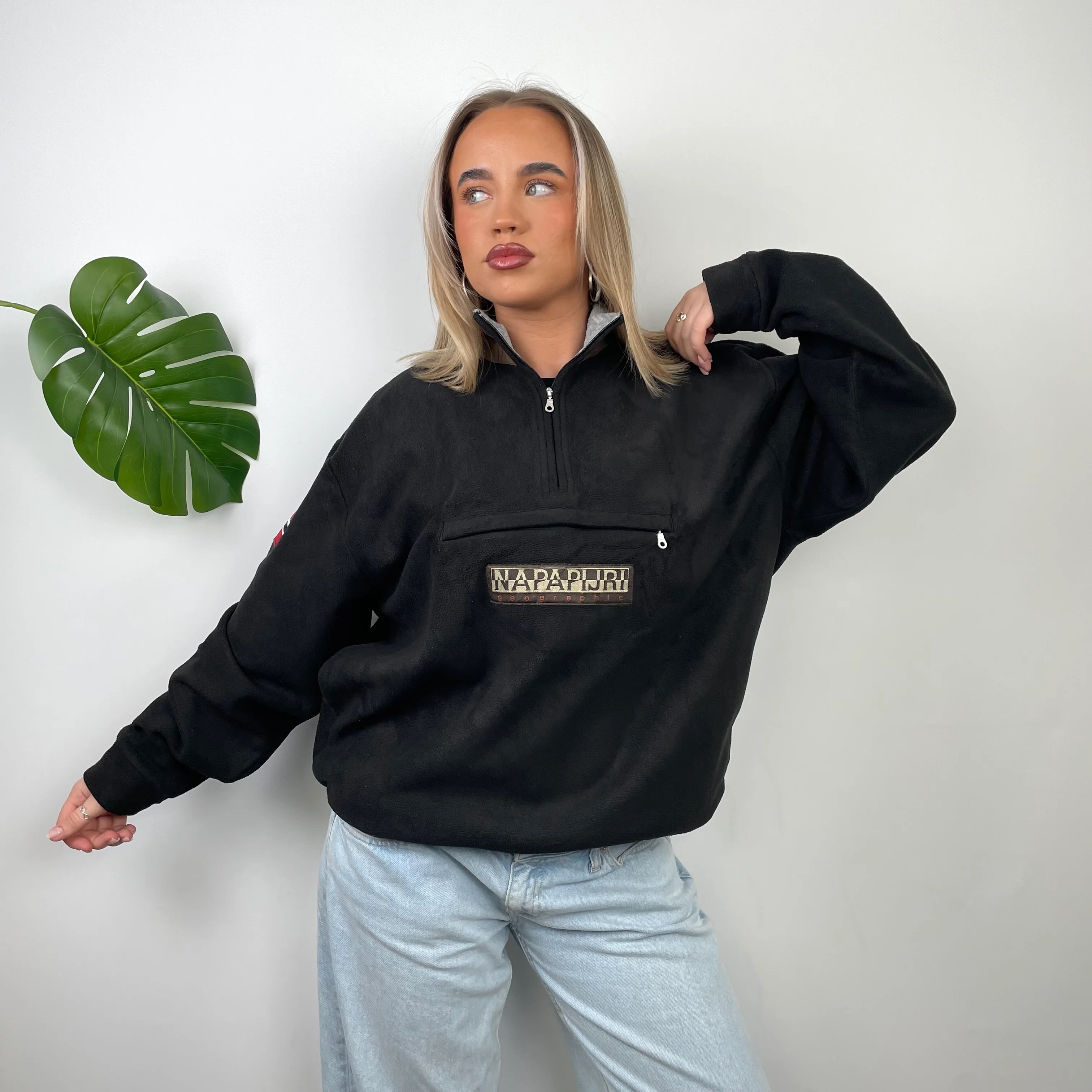 Napapijri RARE Black Embroidered Spell Out Teddy Bear Fleece Quarter Zip Sweatshirt (L) - Image 2