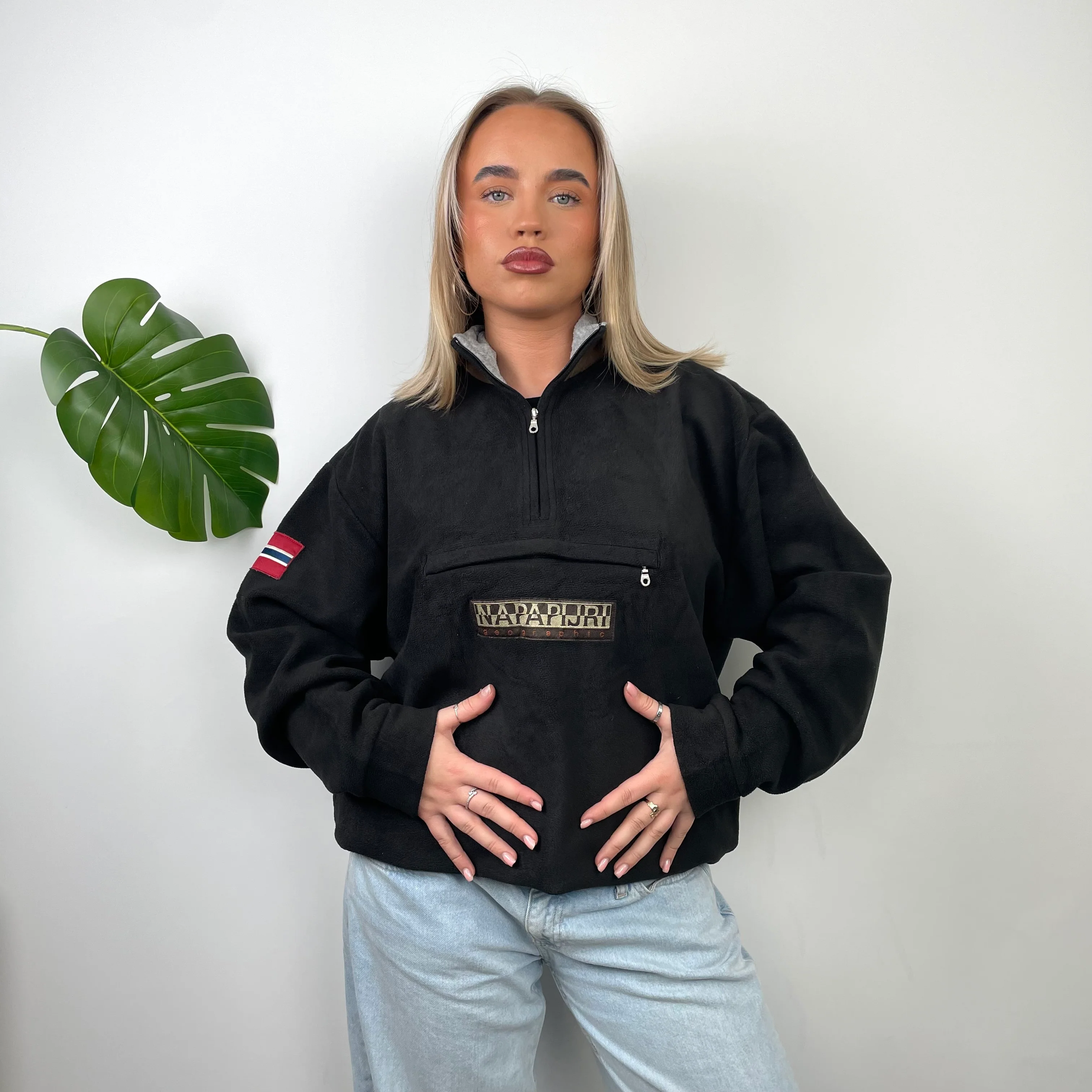 Napapijri RARE Black Embroidered Spell Out Teddy Bear Fleece Quarter Zip Sweatshirt (L) - Image 3