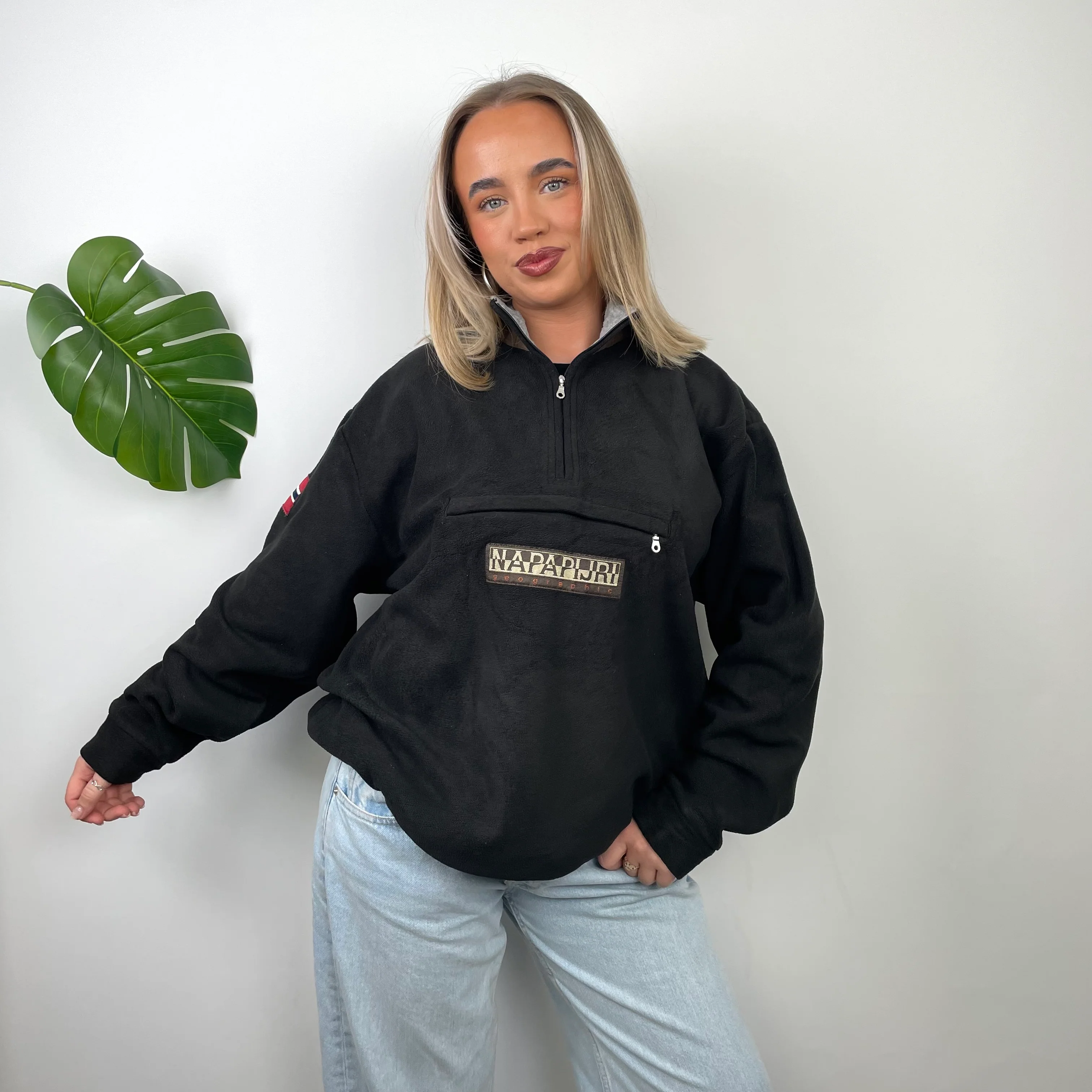 Napapijri RARE Black Embroidered Spell Out Teddy Bear Fleece Quarter Zip Sweatshirt (L) - Image 4
