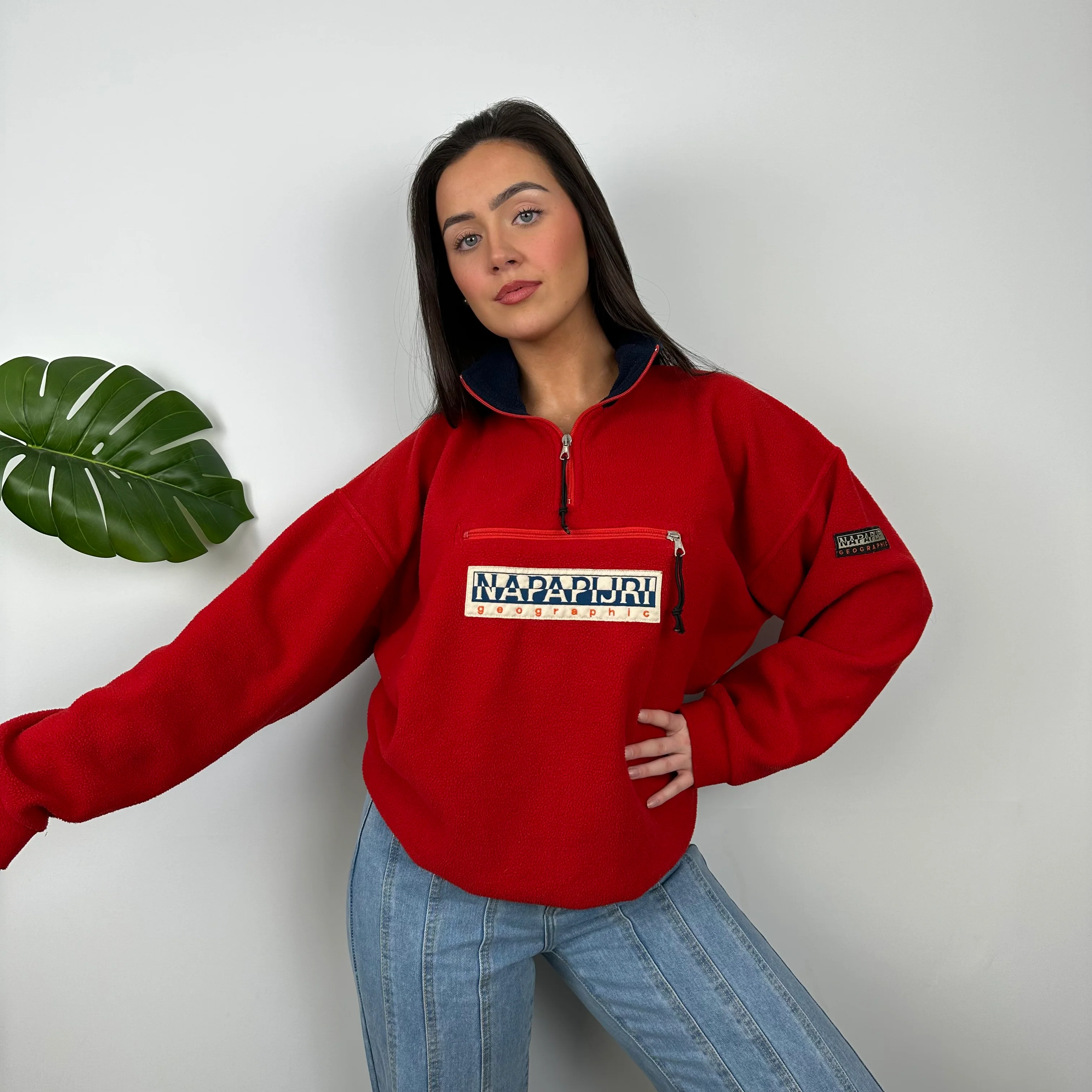 Napapijri Red Embroidered Spell Out Teddy Bear Fleece Quarter Zip (M) - Image 10