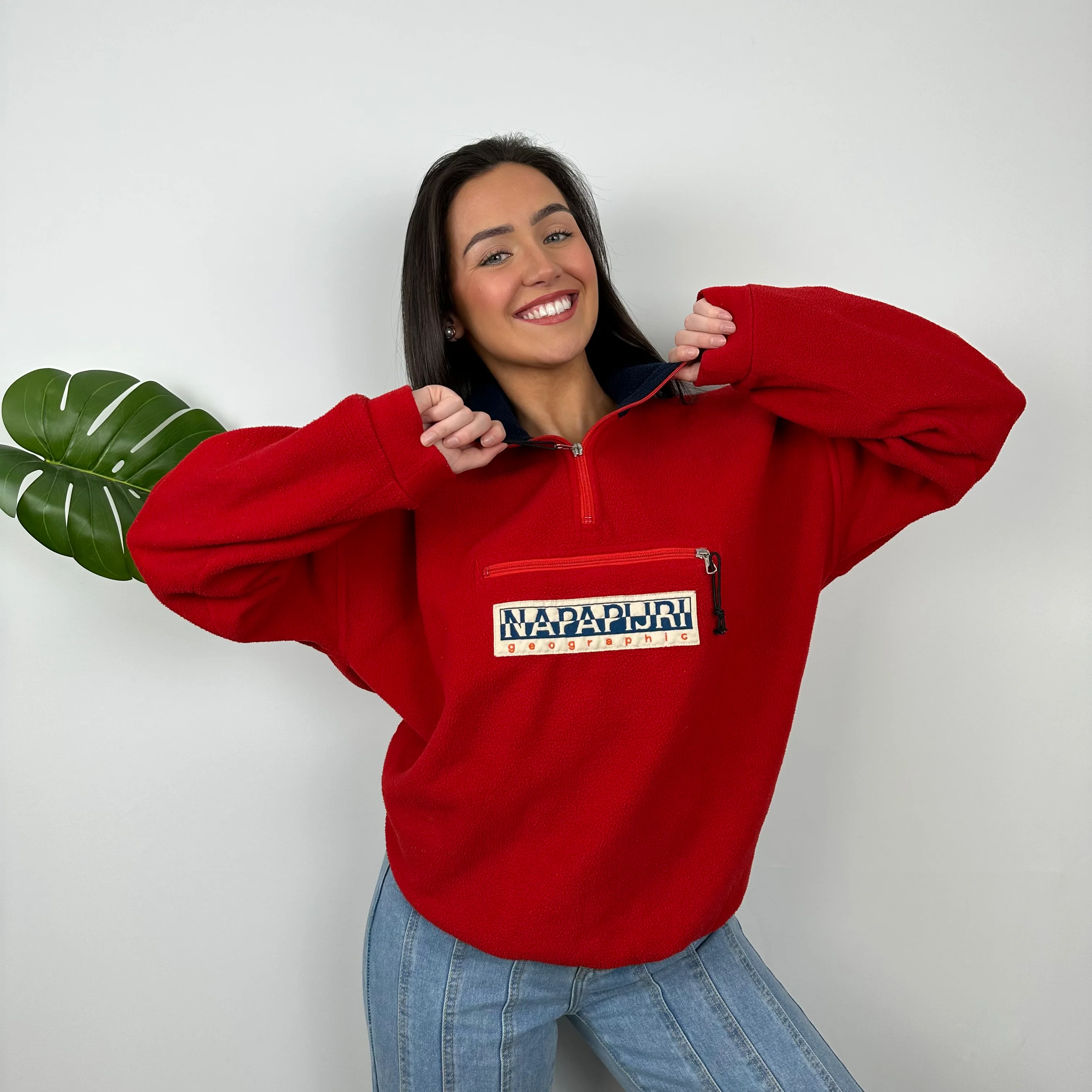 Napapijri Red Embroidered Spell Out Teddy Bear Fleece Quarter Zip (M) - Image 11