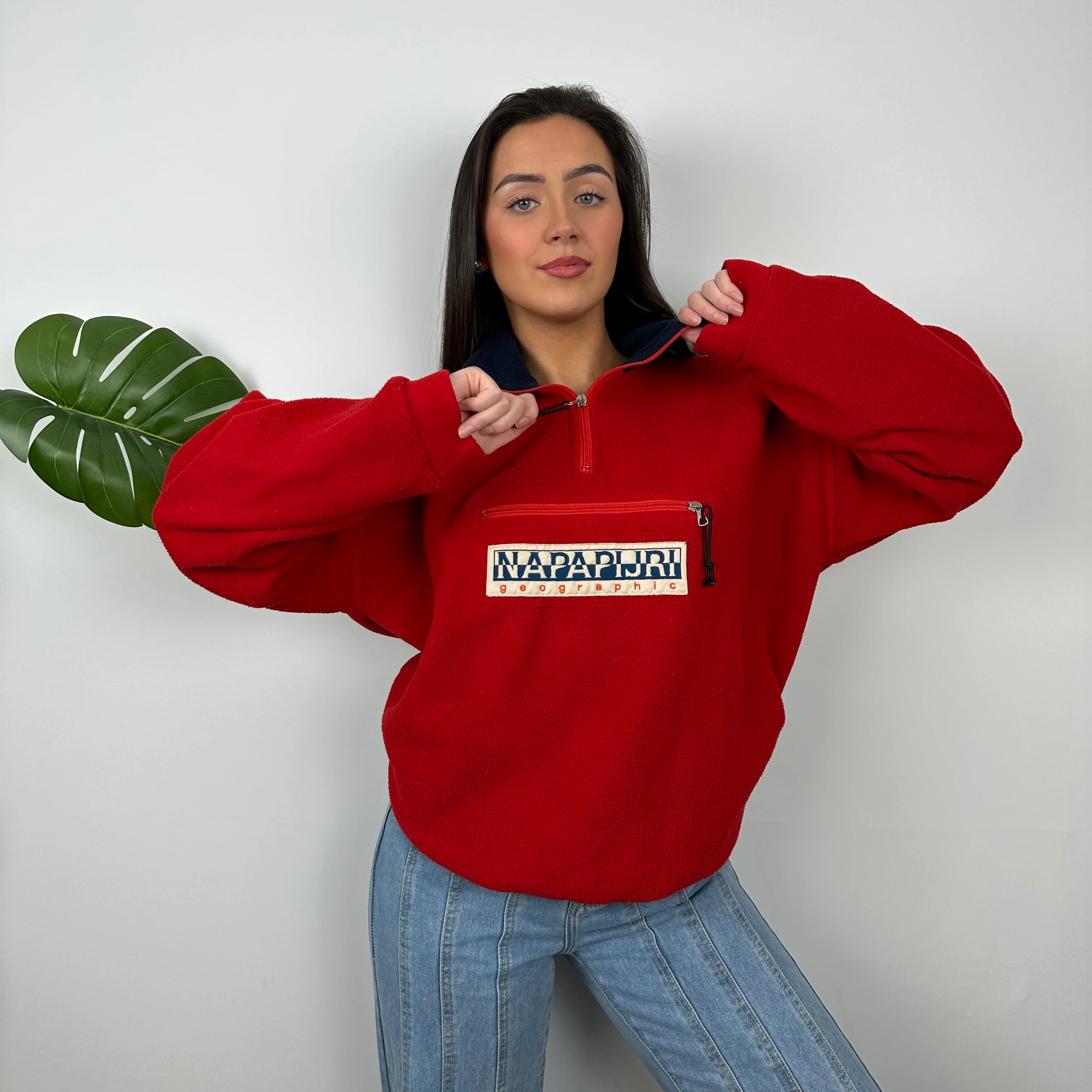 Napapijri Red Embroidered Spell Out Teddy Bear Fleece Quarter Zip (M) - Image 2