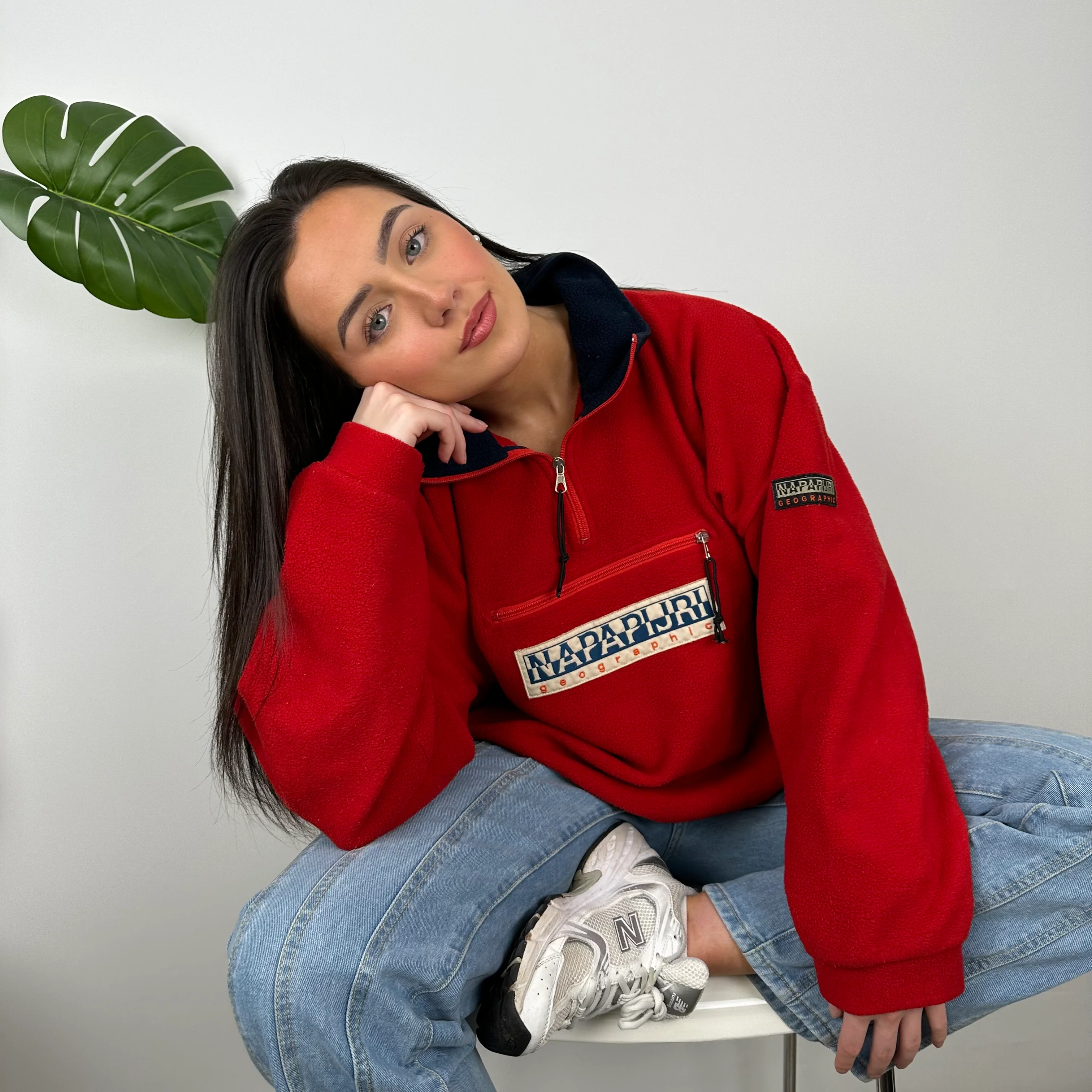 Napapijri Red Embroidered Spell Out Teddy Bear Fleece Quarter Zip (M) - Image 3