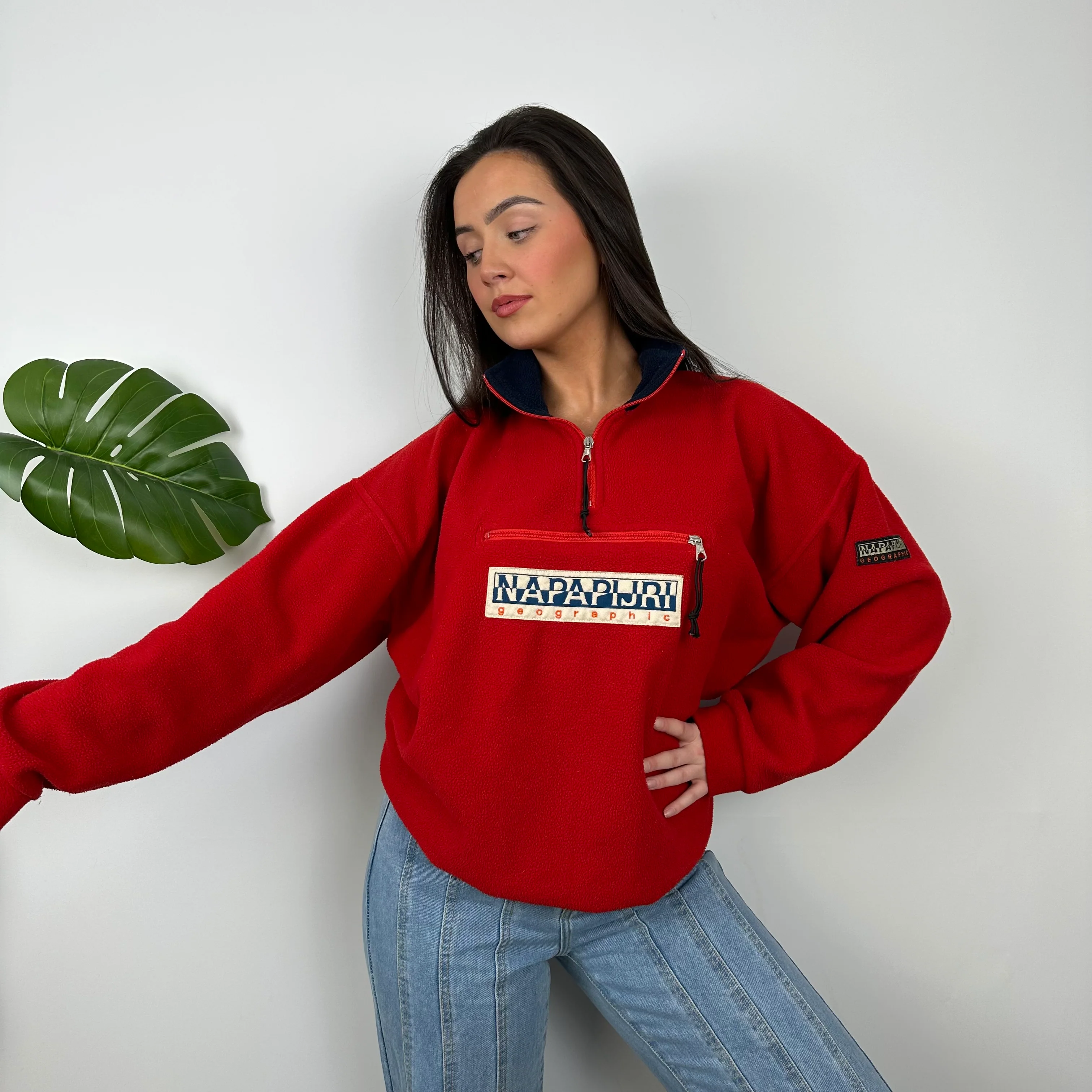 Napapijri Red Embroidered Spell Out Teddy Bear Fleece Quarter Zip (M) - Image 4