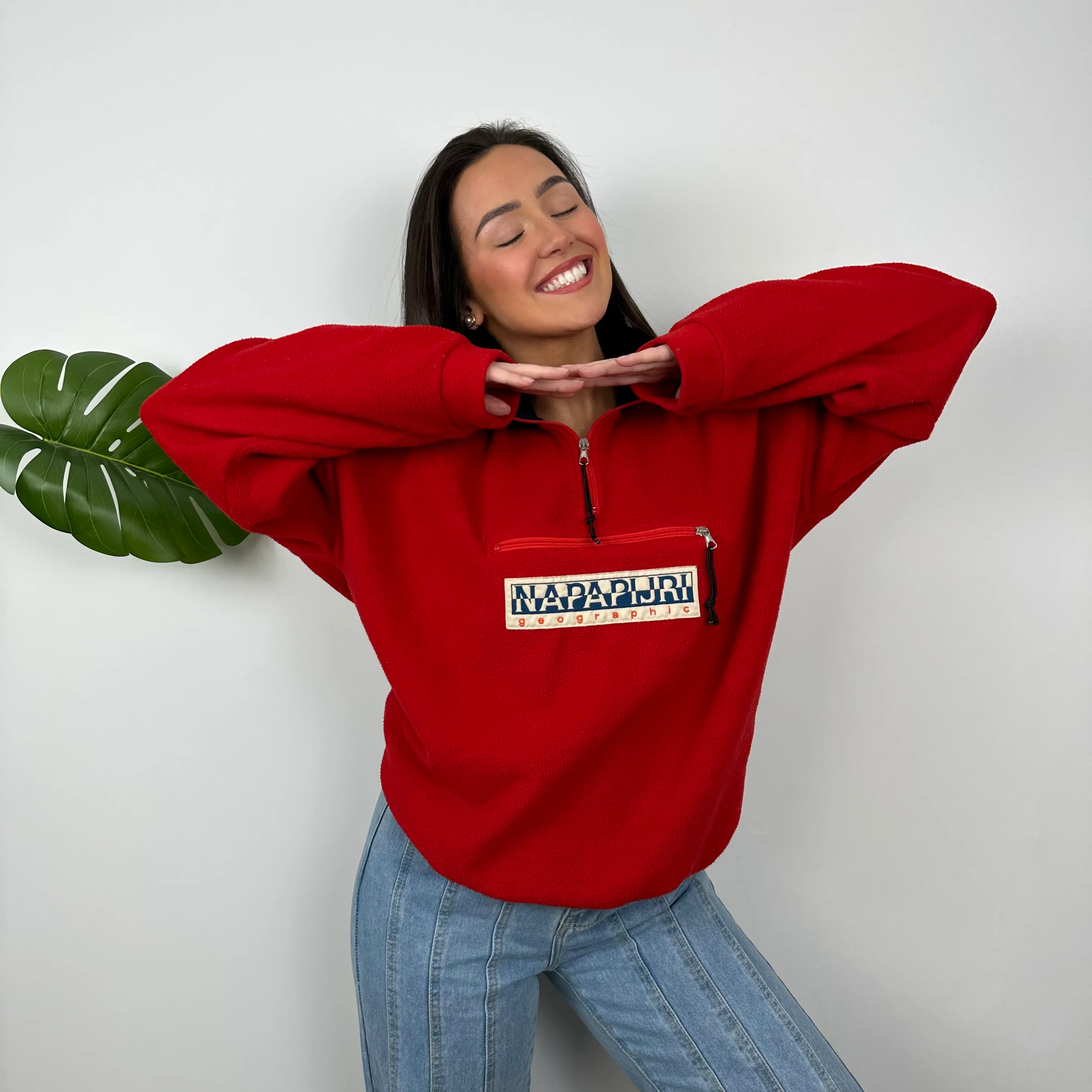Napapijri Red Embroidered Spell Out Teddy Bear Fleece Quarter Zip (M) - Image 7