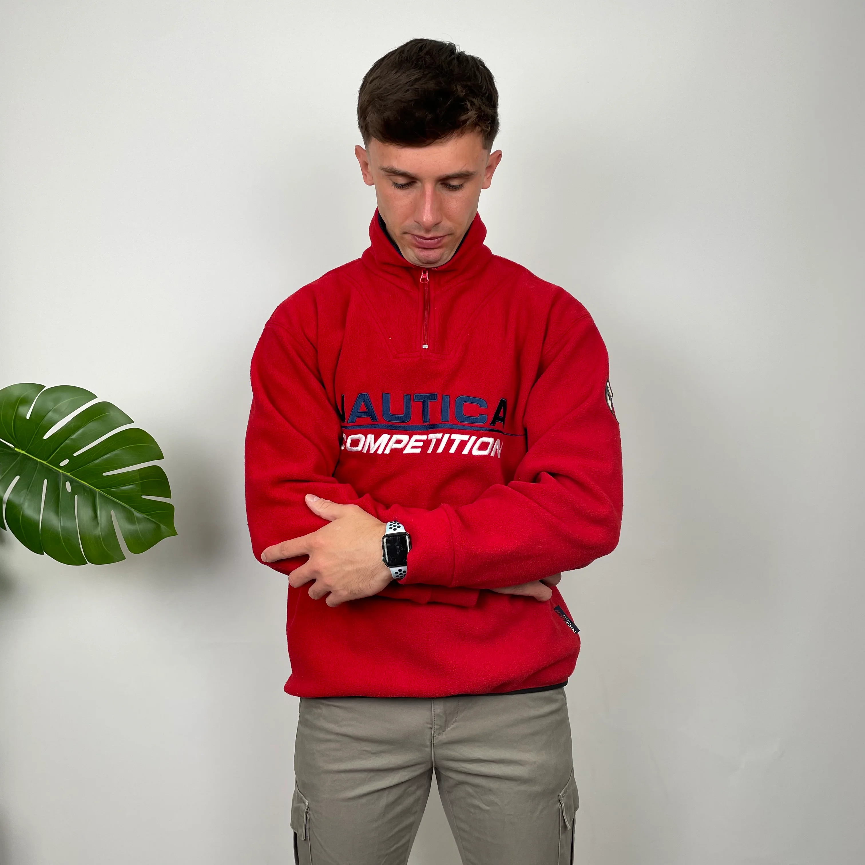 Nautica Red Embroidered Spell Out Teddy Bear Fleece Quarter Zip Sweatshirt (M) - Image 10