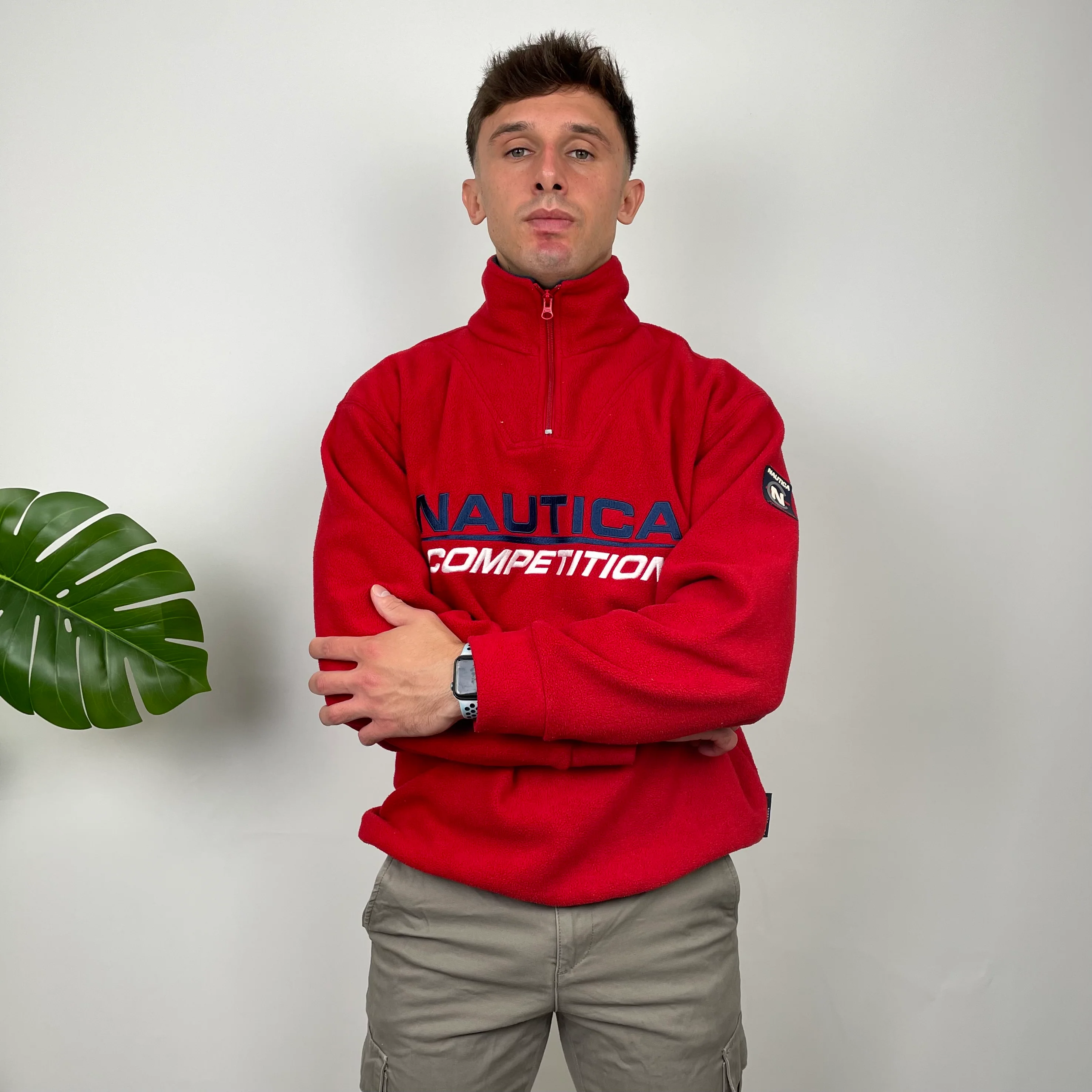 Nautica Red Embroidered Spell Out Teddy Bear Fleece Quarter Zip Sweatshirt (M) - Image 4