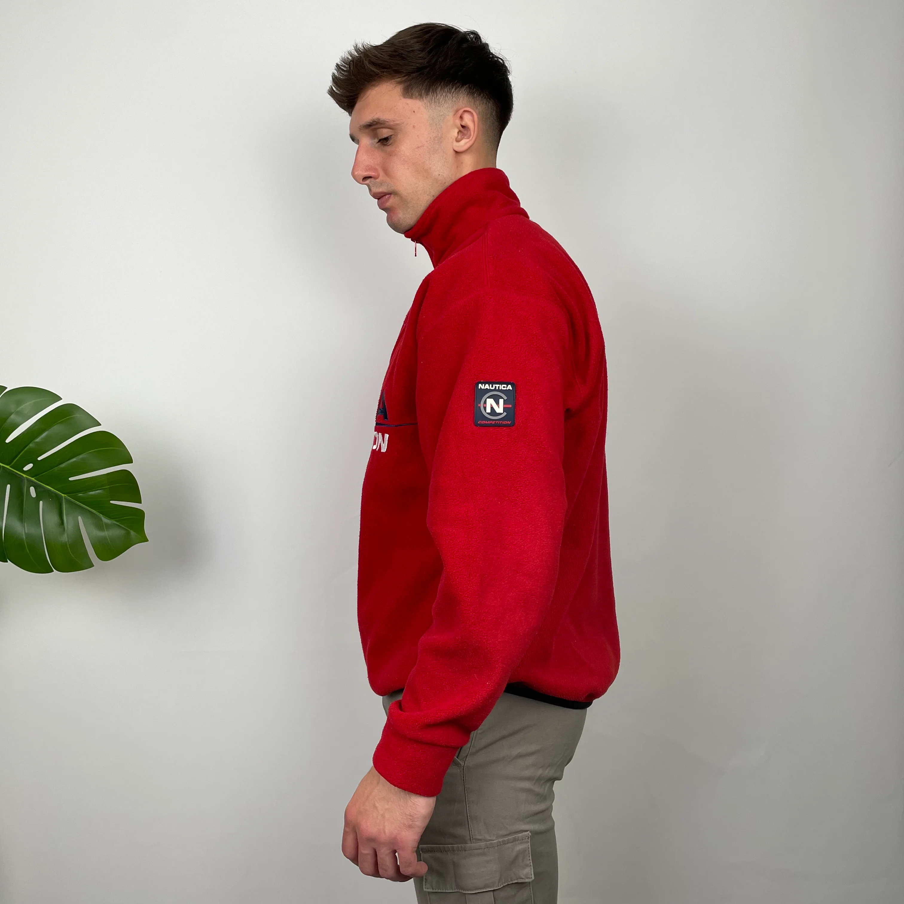Nautica Red Embroidered Spell Out Teddy Bear Fleece Quarter Zip Sweatshirt (M) - Image 5