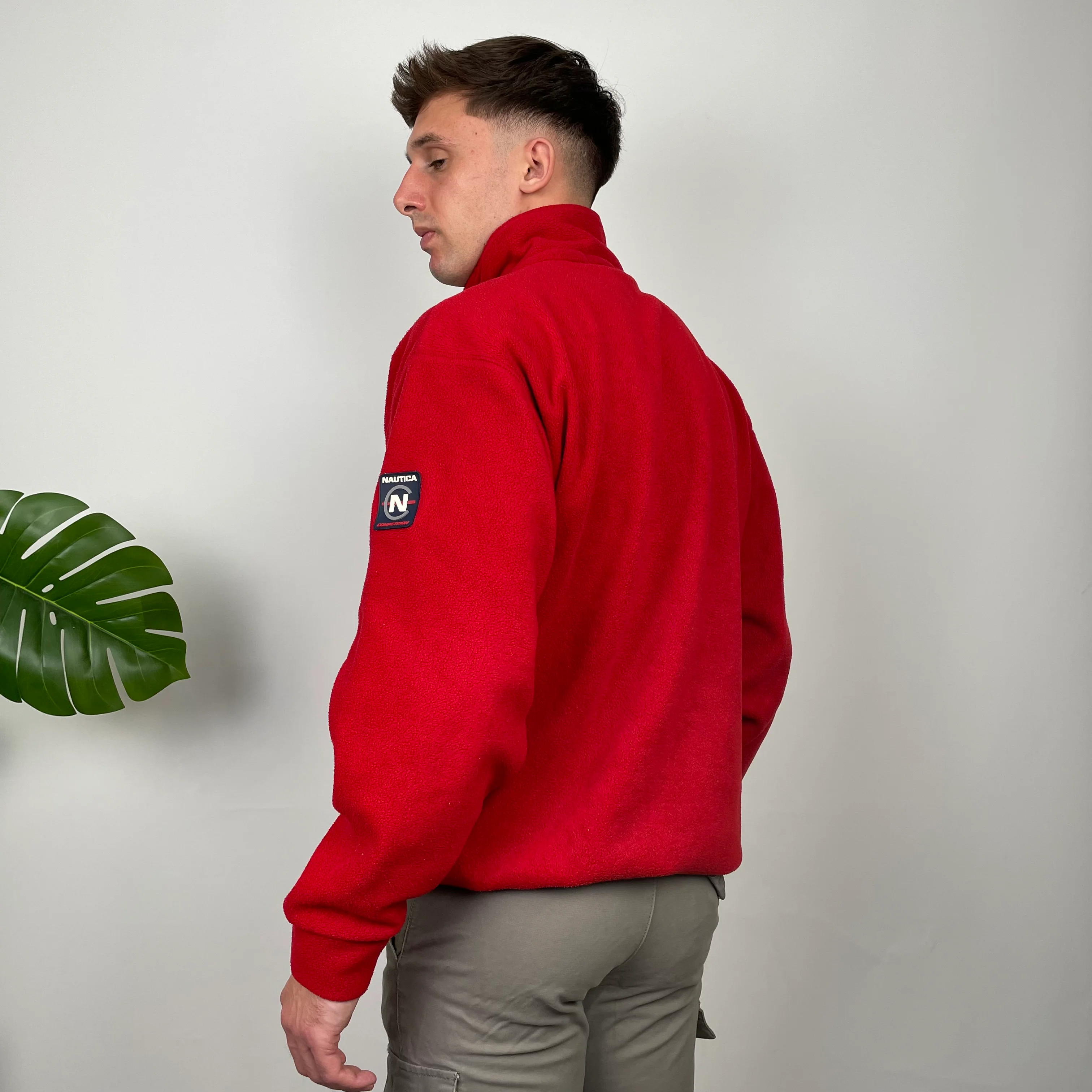 Nautica Red Embroidered Spell Out Teddy Bear Fleece Quarter Zip Sweatshirt (M) - Image 7