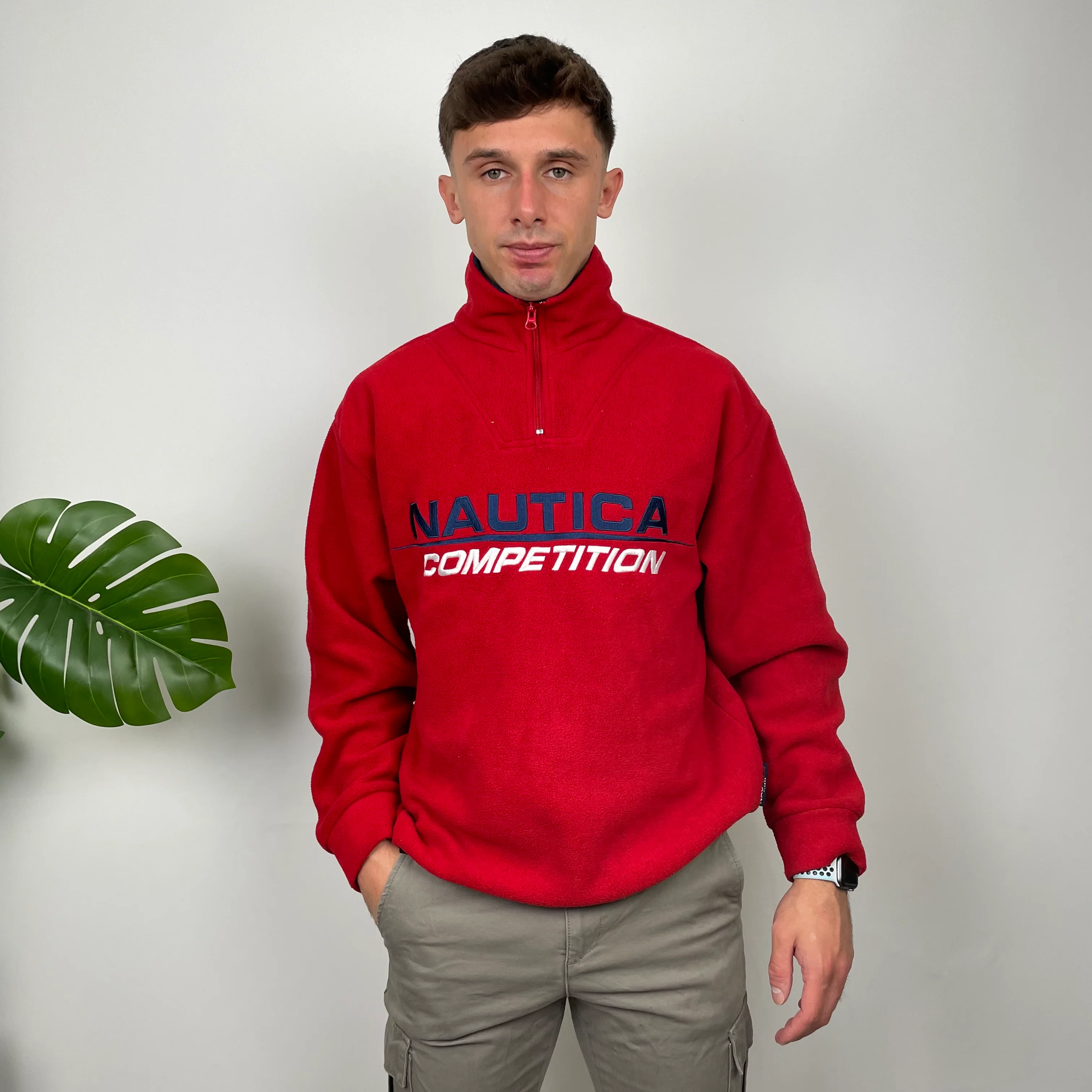 Nautica Red Embroidered Spell Out Teddy Bear Fleece Quarter Zip Sweatshirt (M) - Image 8