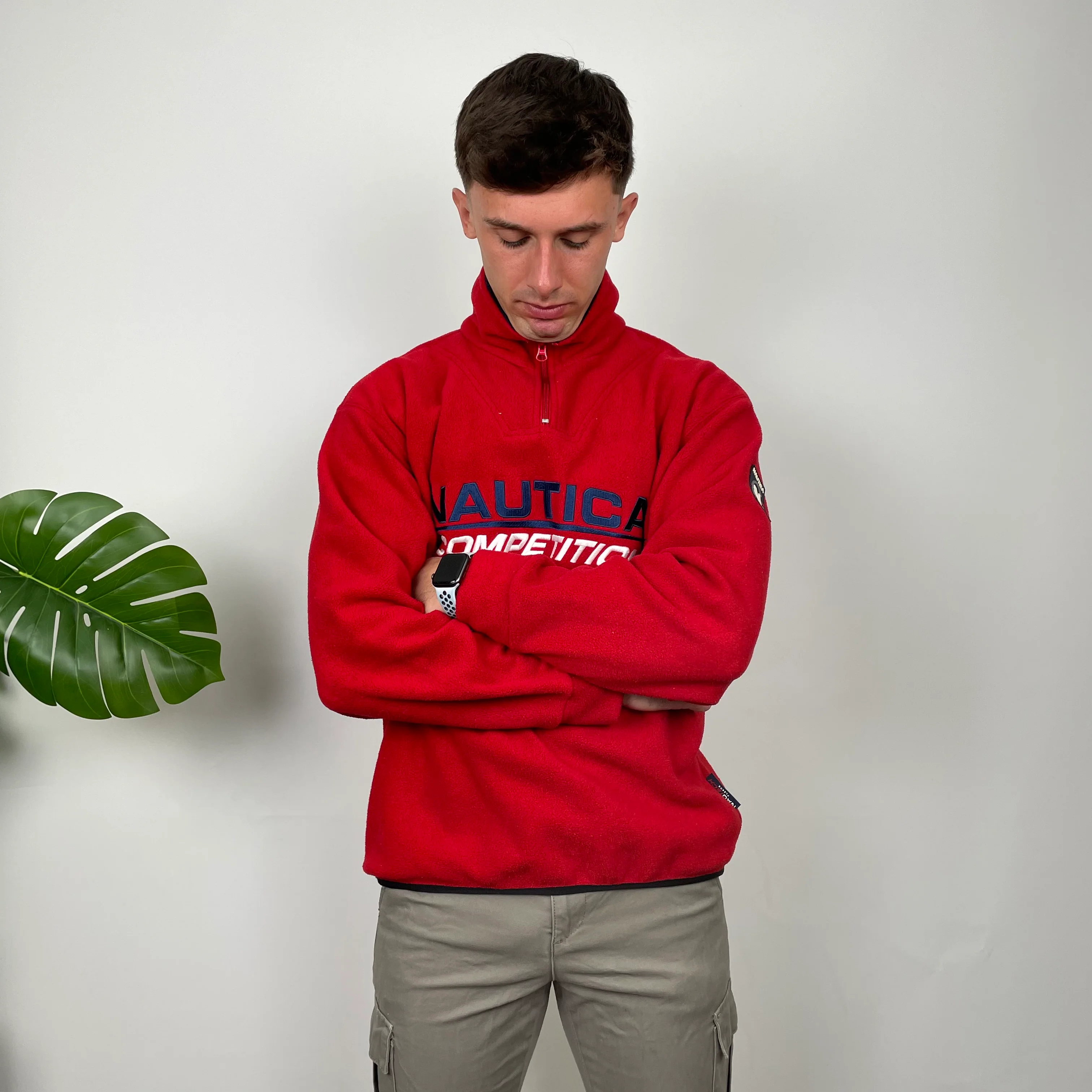 Nautica Red Embroidered Spell Out Teddy Bear Fleece Quarter Zip Sweatshirt (M) - Image 9