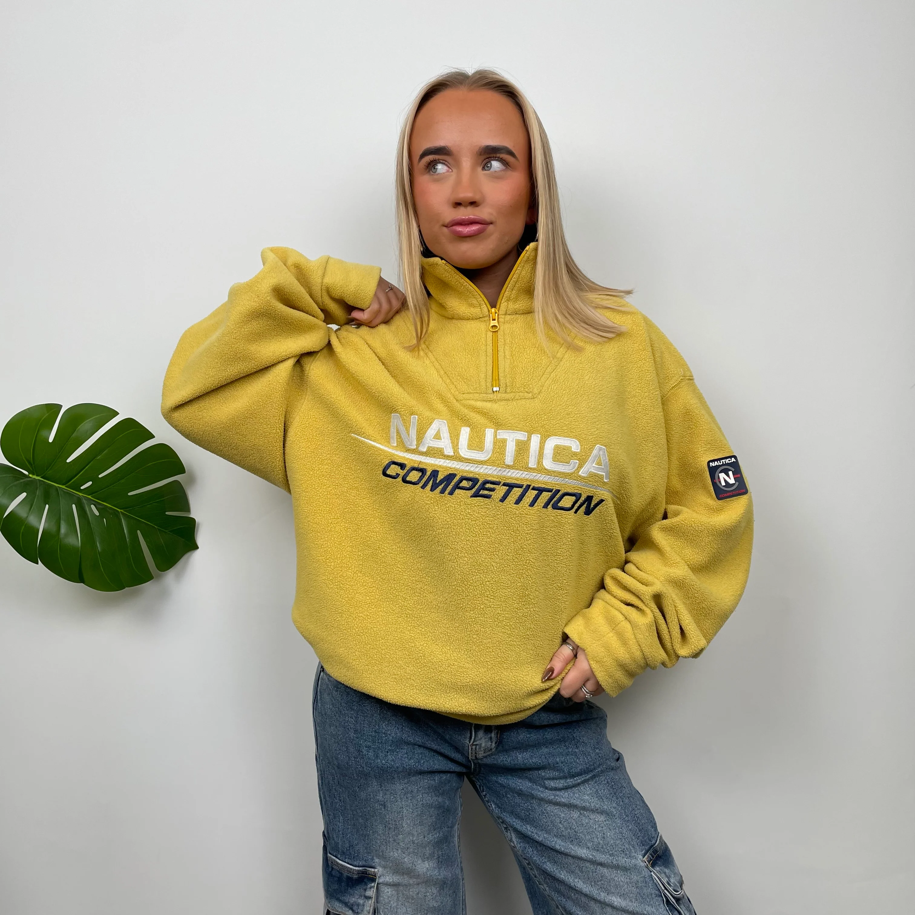 Nautica Yellow Embroidered Spell Out Teddy Bear Fleece Quarter Zip Sweatshirt (XL) - Image 2