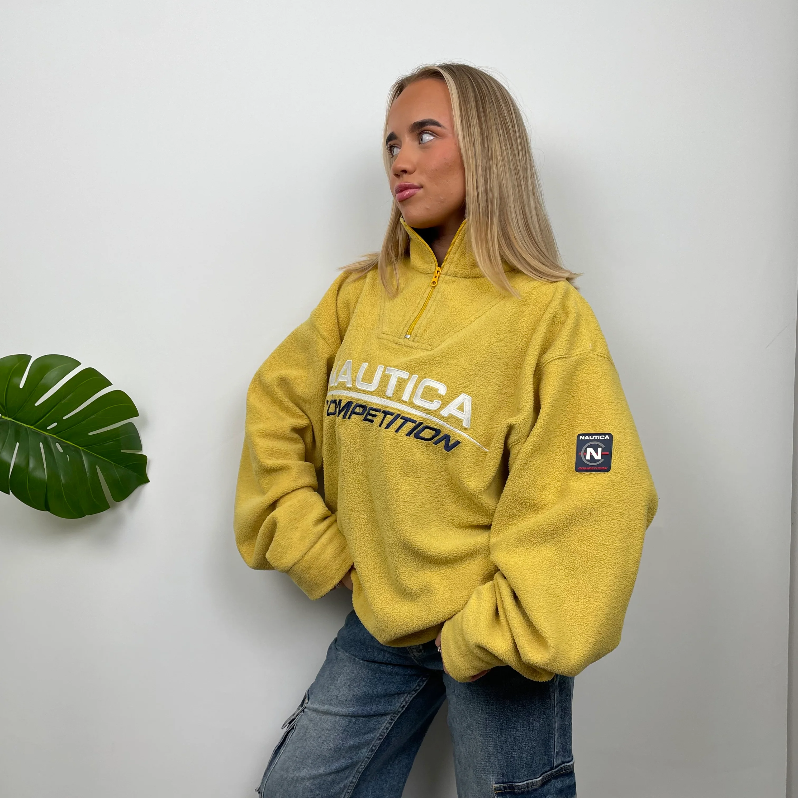 Nautica Yellow Embroidered Spell Out Teddy Bear Fleece Quarter Zip Sweatshirt (XL) - Image 3