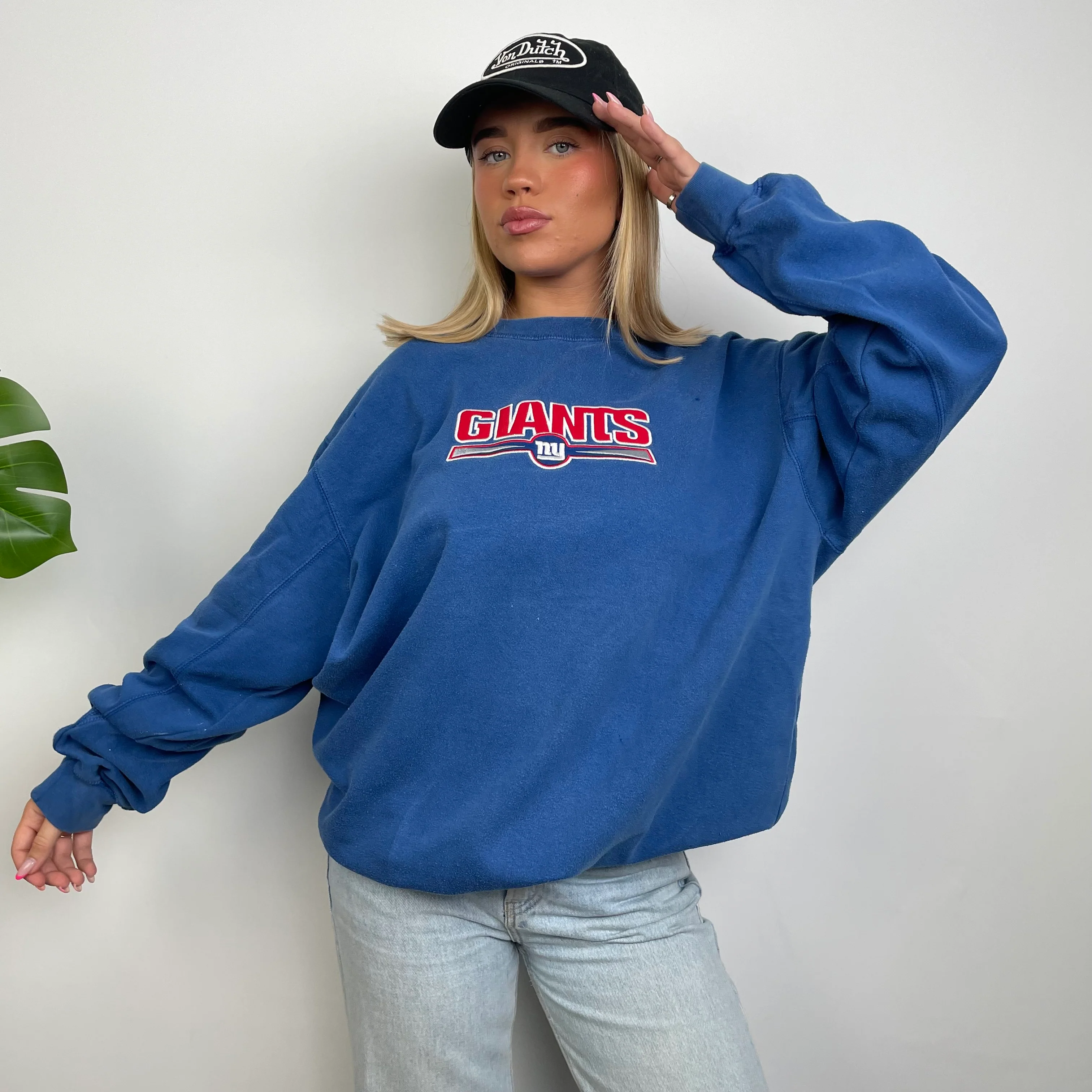 New York Giants Blue Embroidered Spell Out Sweatshirt (XL) - Image 2