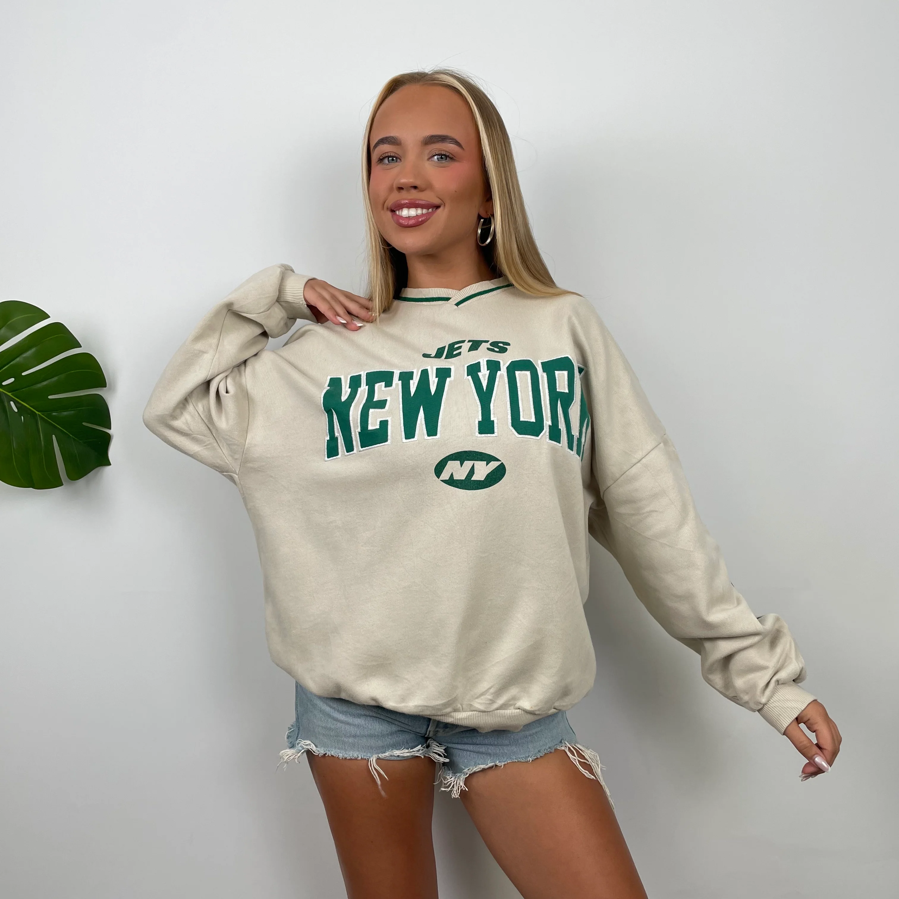 New York Jets Cream Embroidered Spell Out Sweatshirt (S) - Image 6