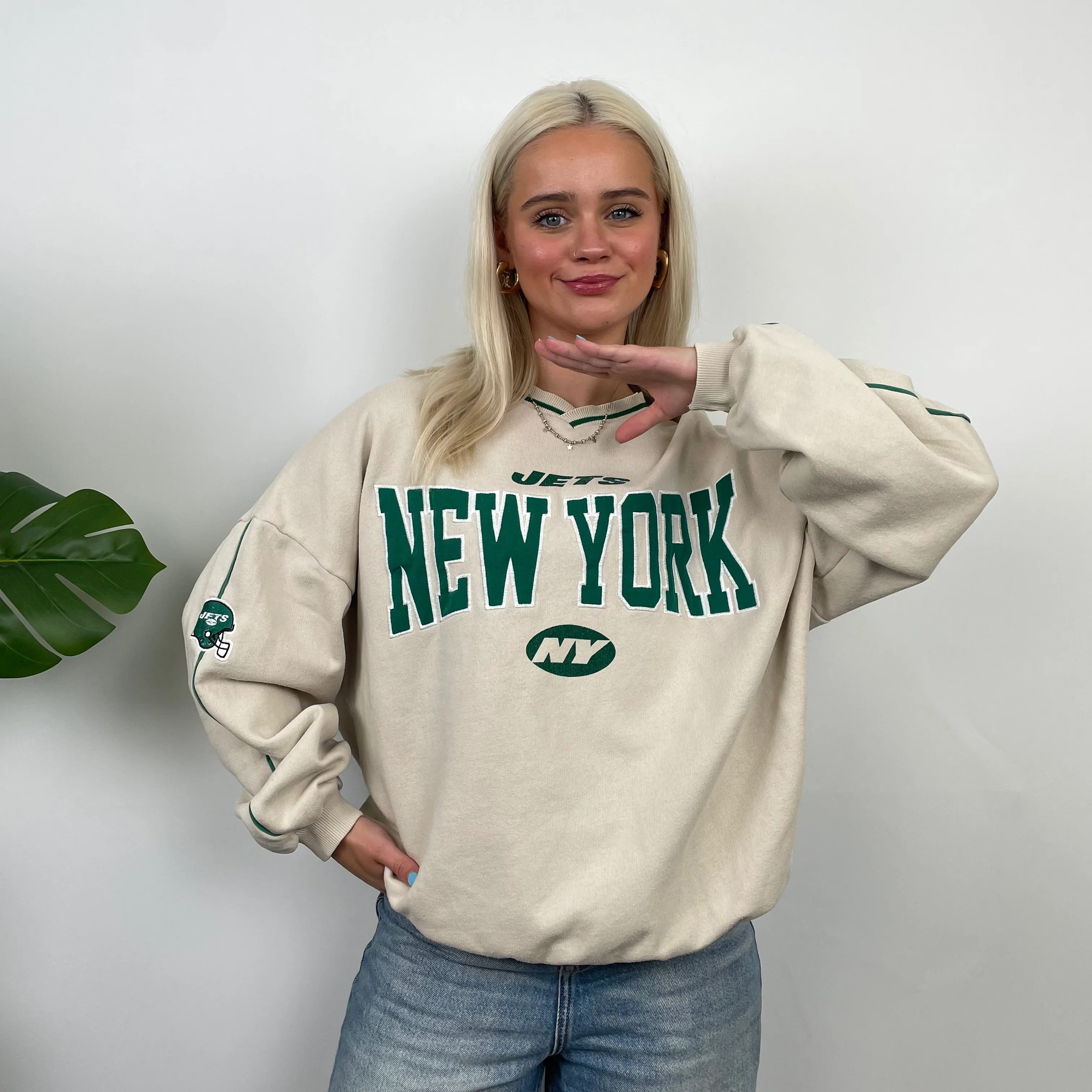 New York Jets Cream Embroidered Spell Out Sweatshirt (S) - Image 2