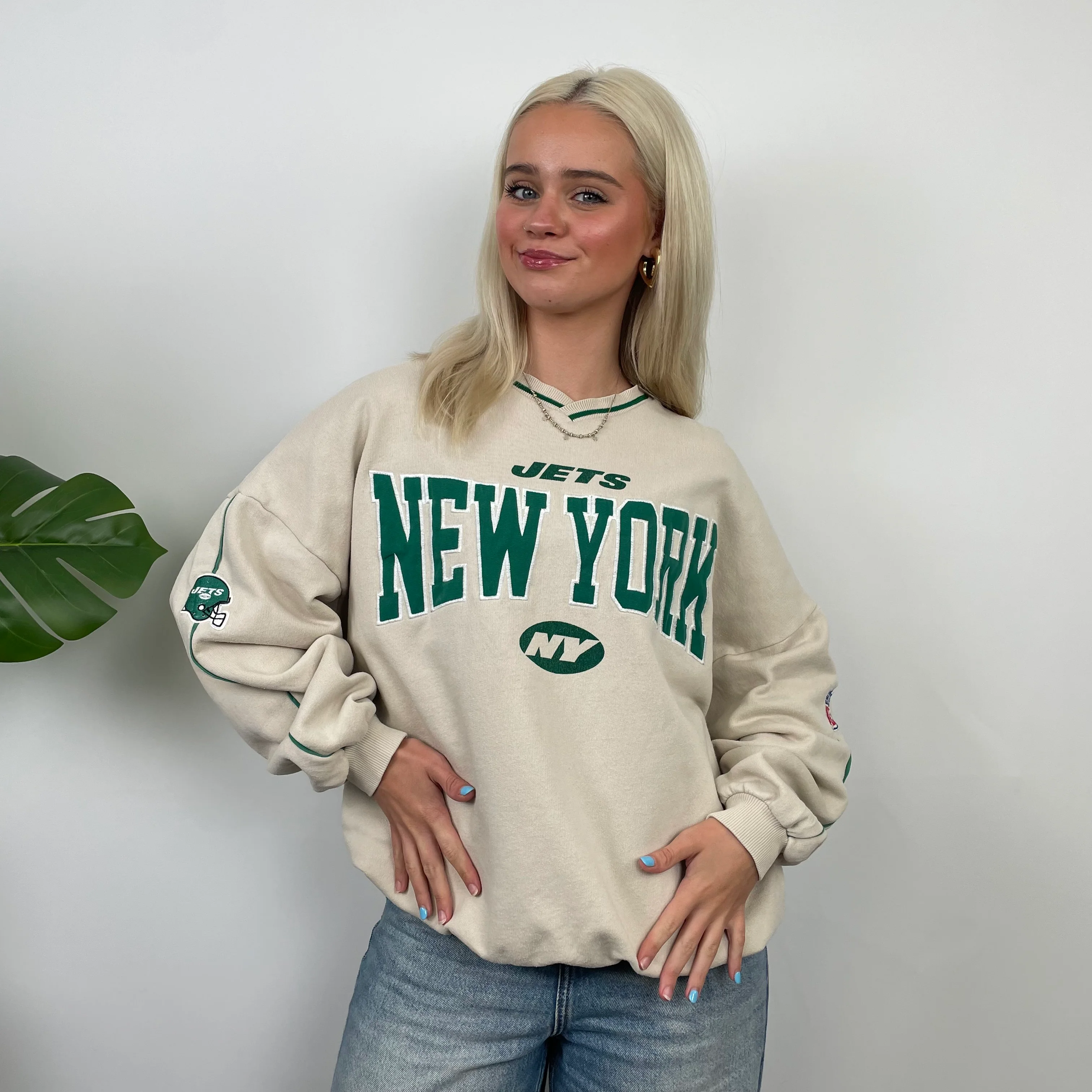 New York Jets Cream Embroidered Spell Out Sweatshirt (S) - Image 6