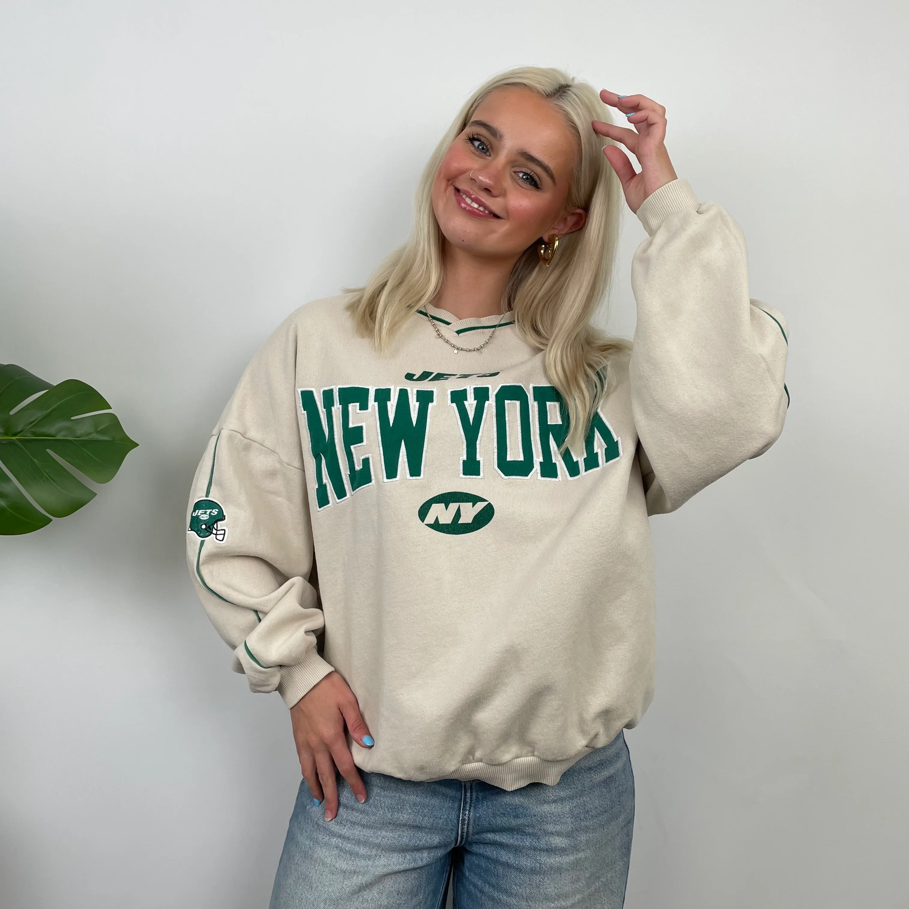 New York Jets Cream Embroidered Spell Out Sweatshirt (S) - Image 8
