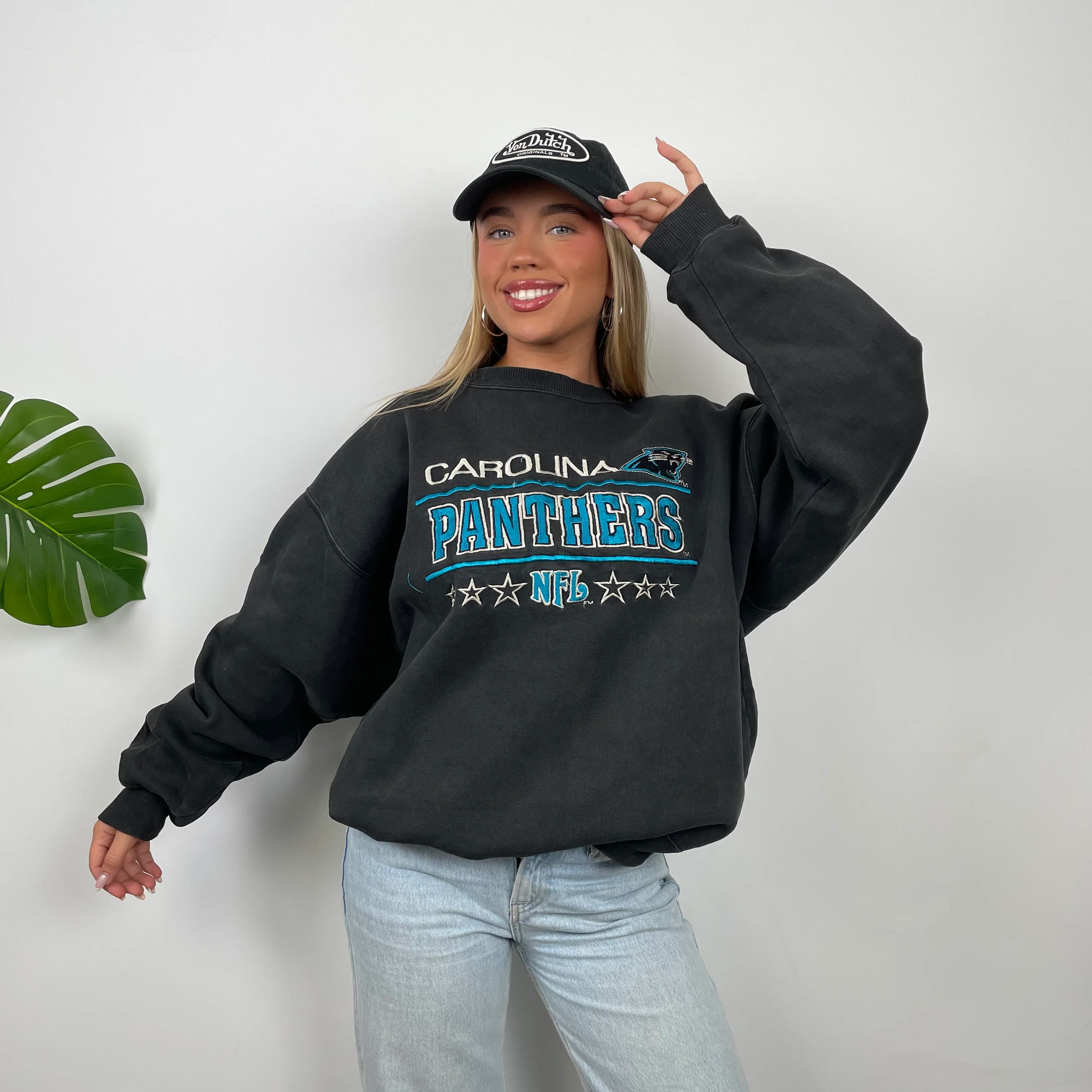 NFL Carolina Panthers Black Embroidered Spell Out Sweatshirt (L) - Image 3