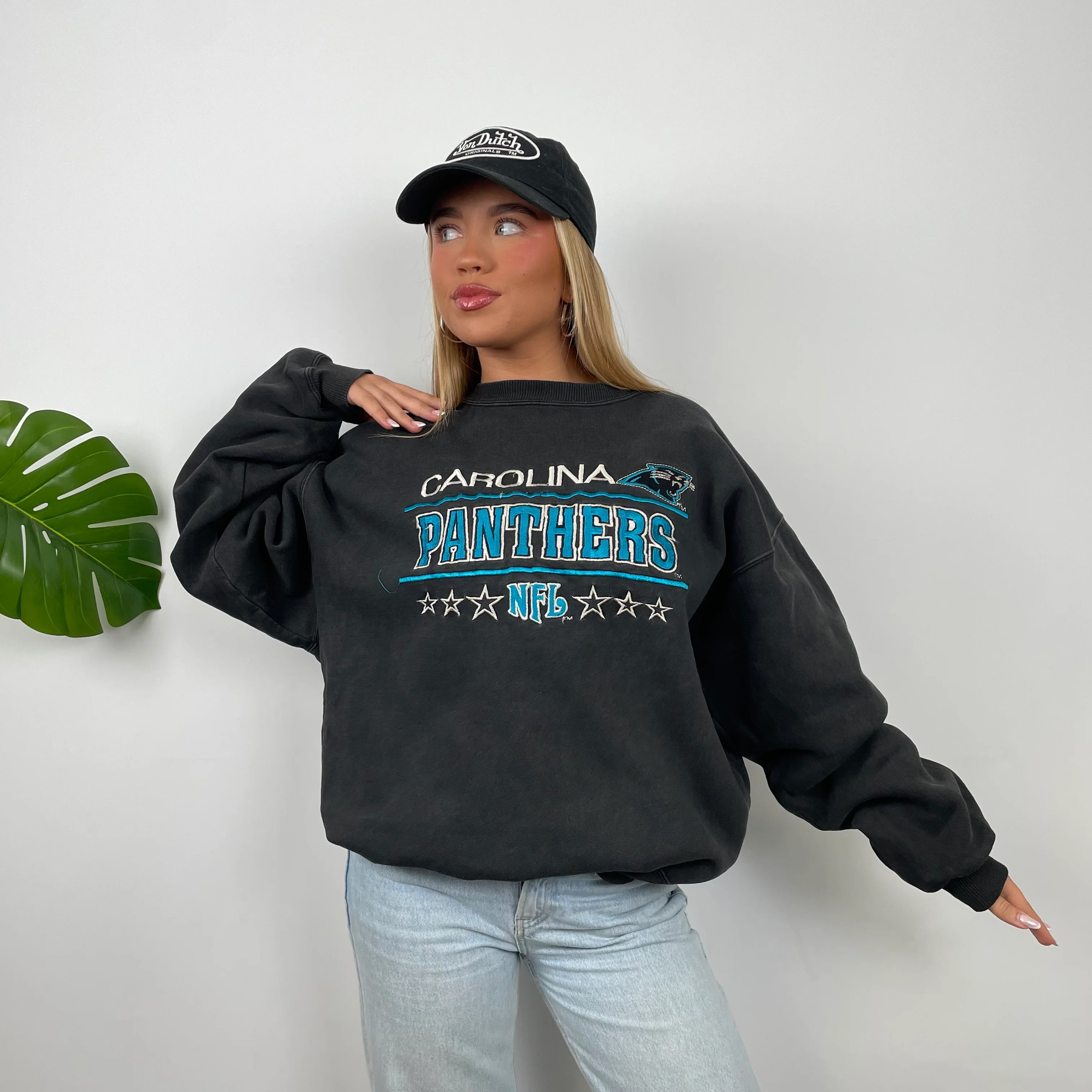 NFL Carolina Panthers Black Embroidered Spell Out Sweatshirt (L) - Image 4