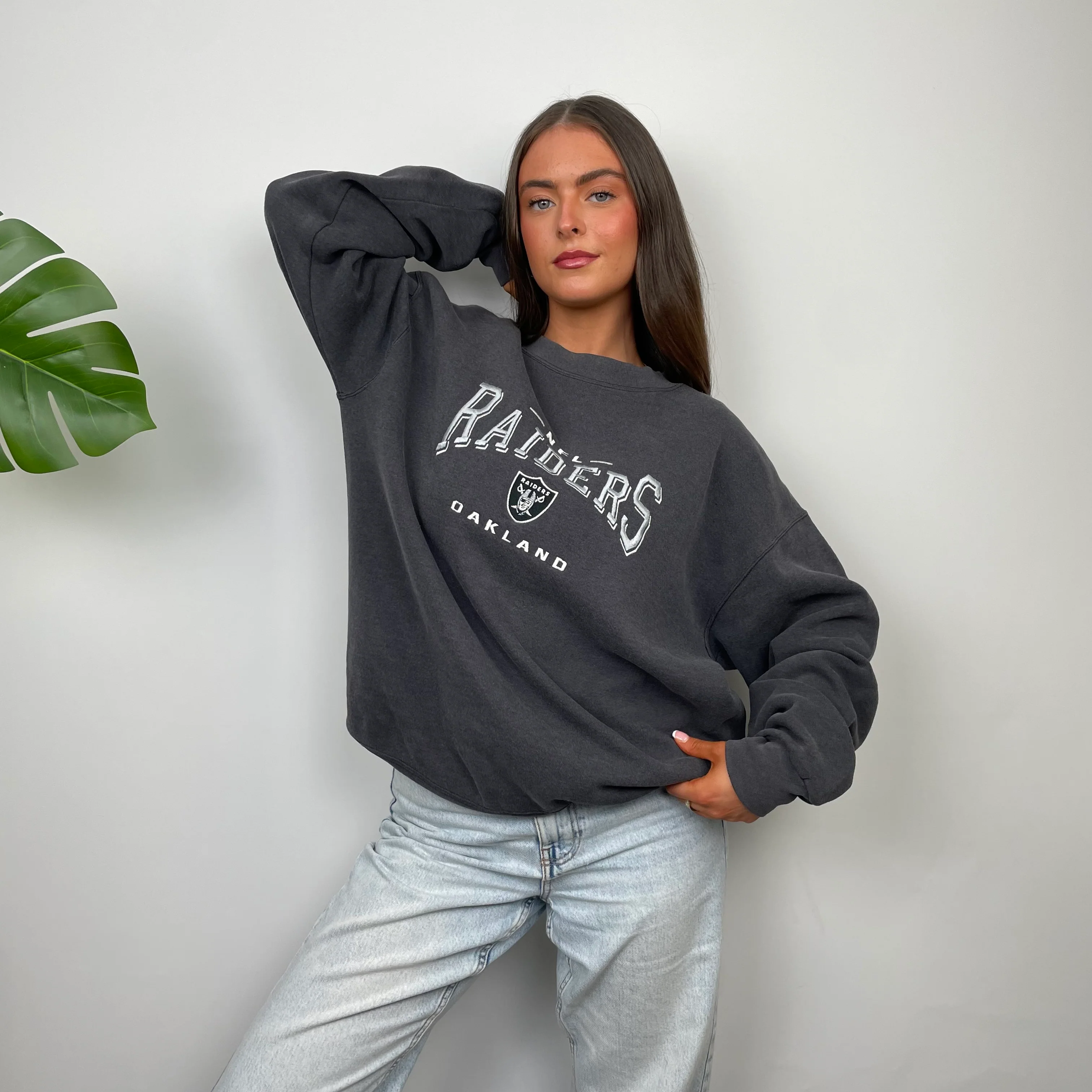 NFL Las Vegas Raiders Grey Embroidered Spell Out Sweatshirt (L) - Image 2