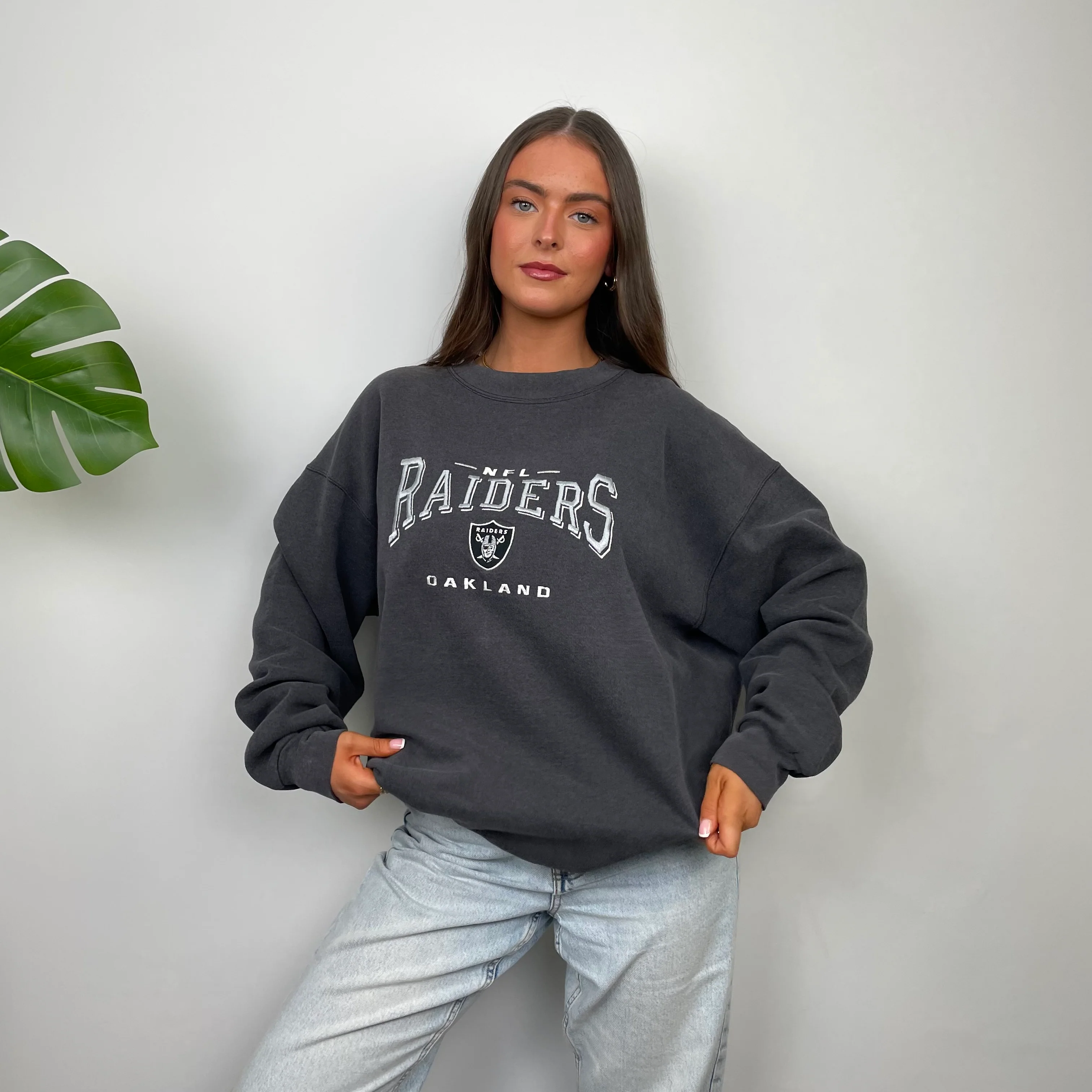 NFL Las Vegas Raiders Grey Embroidered Spell Out Sweatshirt (L) - Image 4