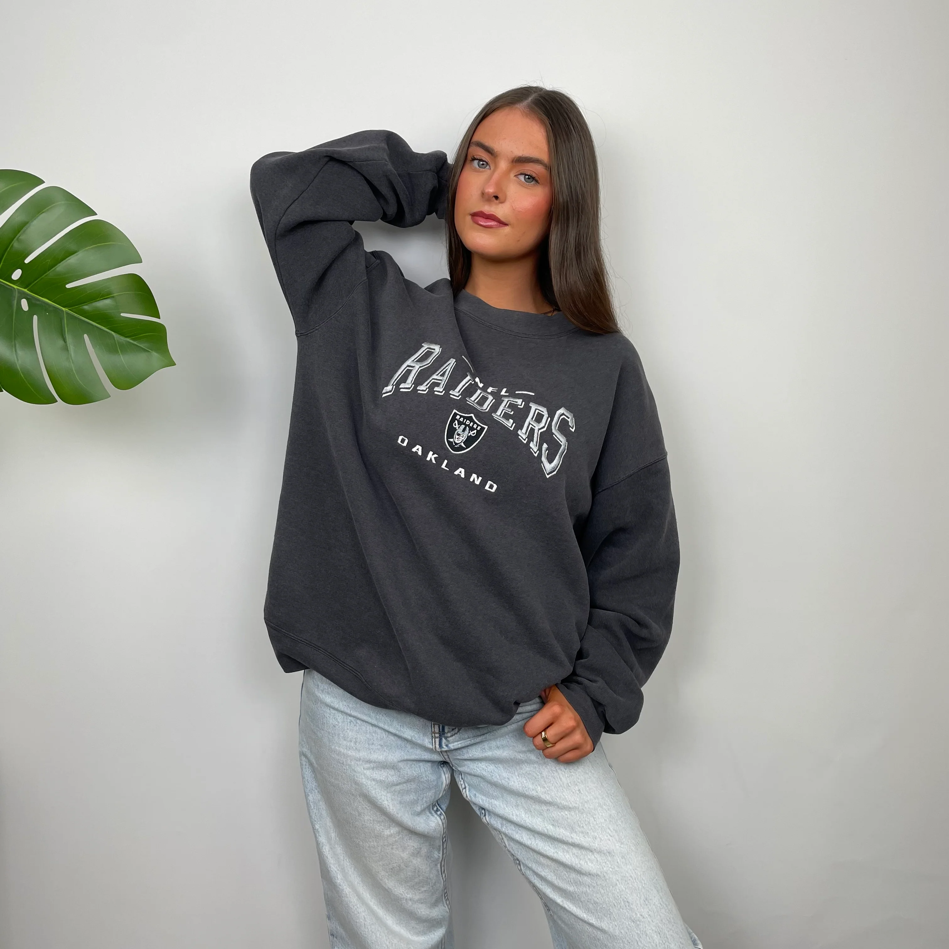 NFL Las Vegas Raiders Grey Embroidered Spell Out Sweatshirt (L) - Image 5