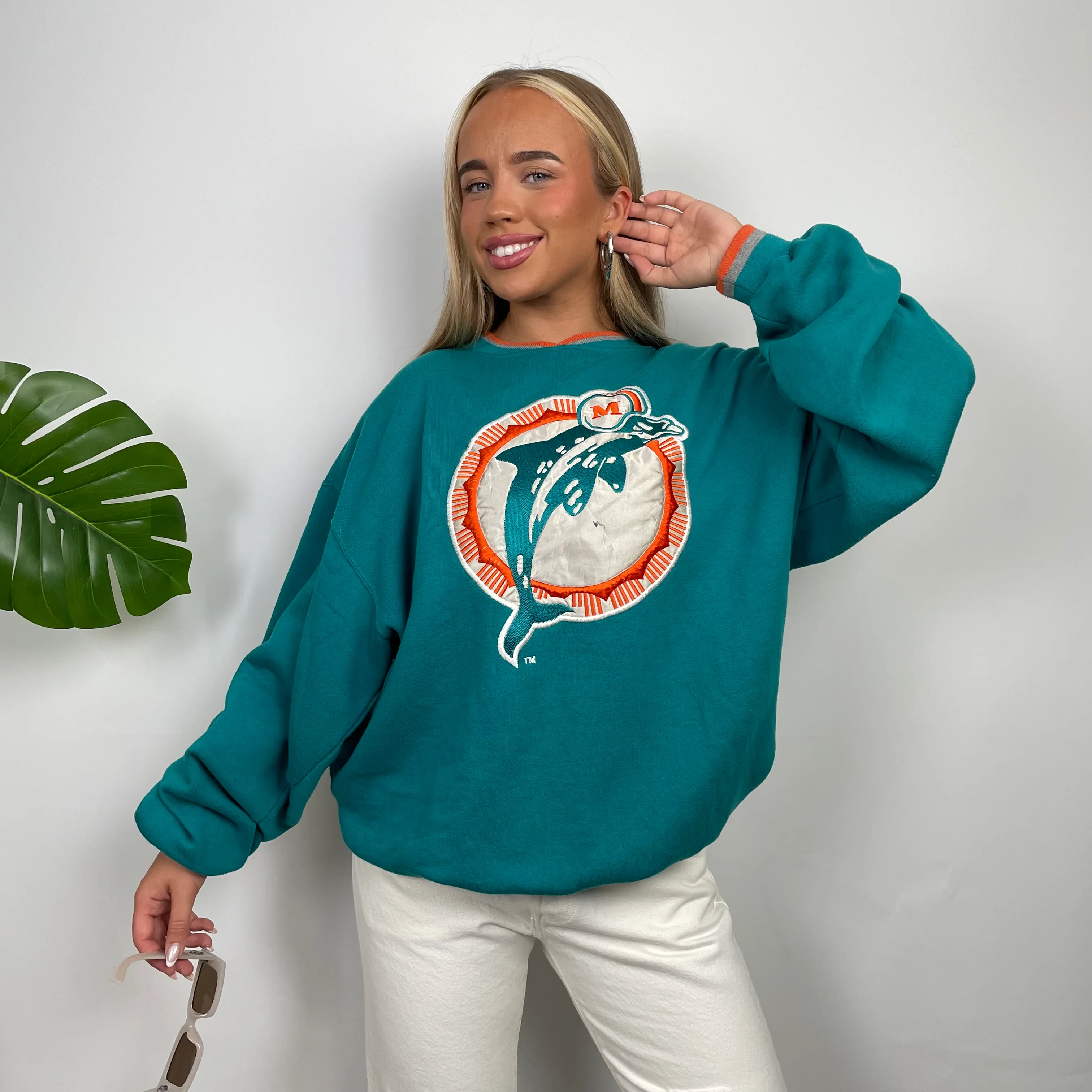 NFL Miami Dolphins Turquoise Embroidered Spell Out Sweatshirt (L) - Image 2