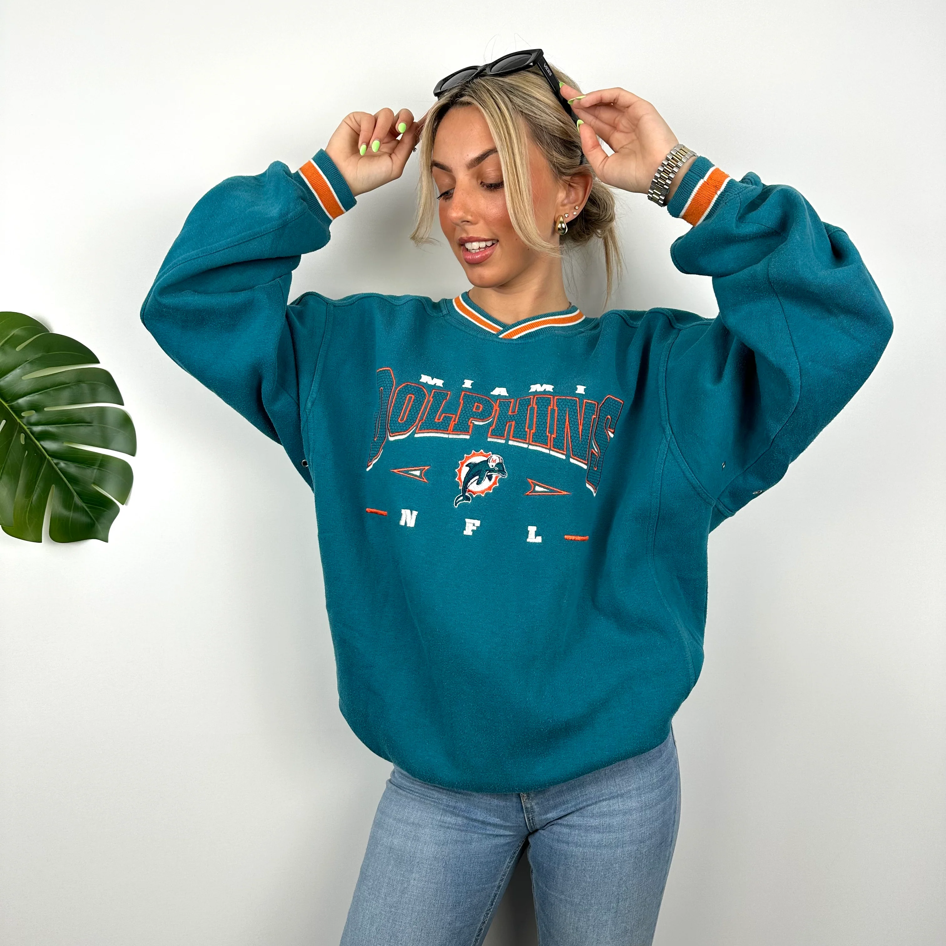 NFL Miami Dolphins Turquoise Embroidered Spell Out Sweatshirt (L) - Image 2