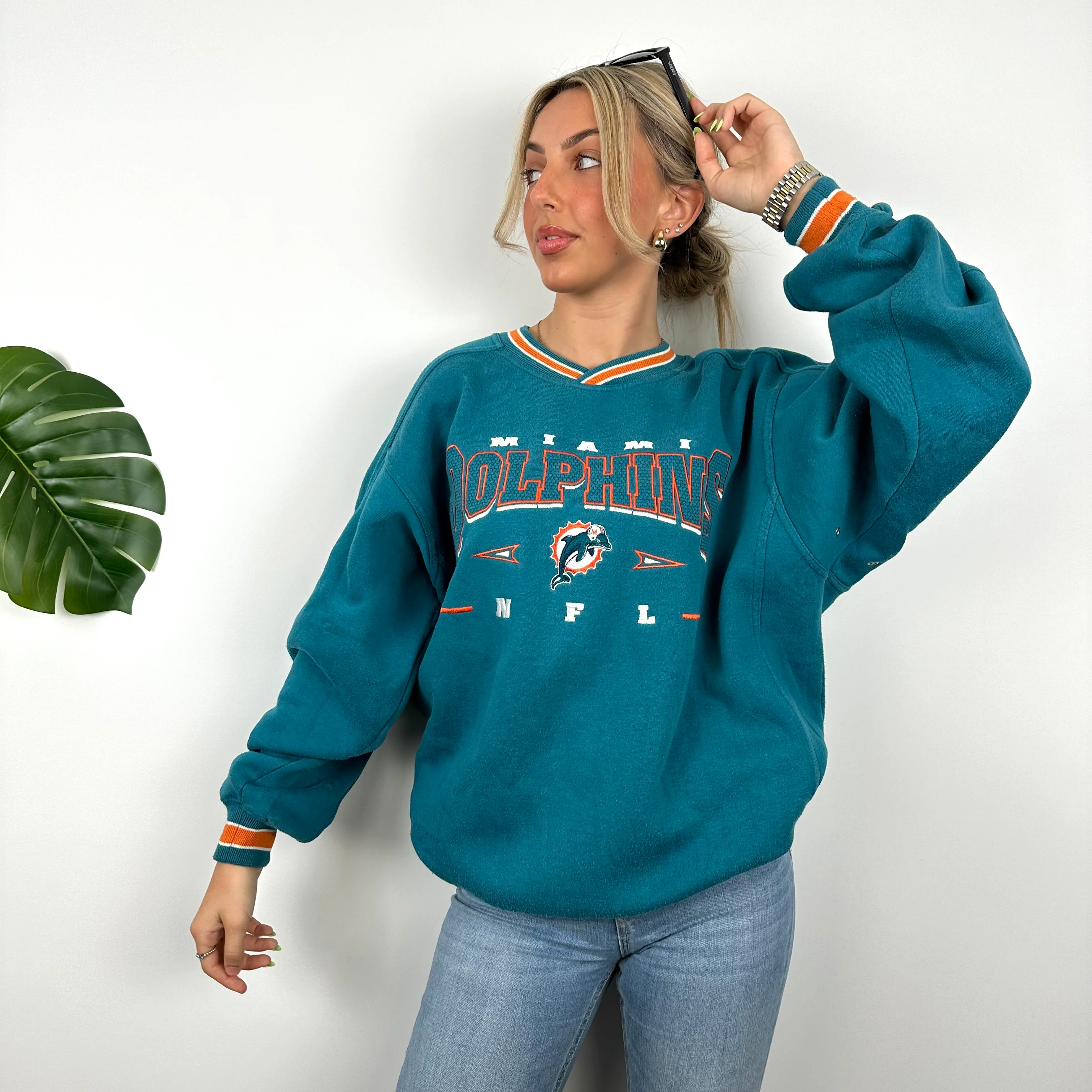 NFL Miami Dolphins Turquoise Embroidered Spell Out Sweatshirt (L) - Image 3