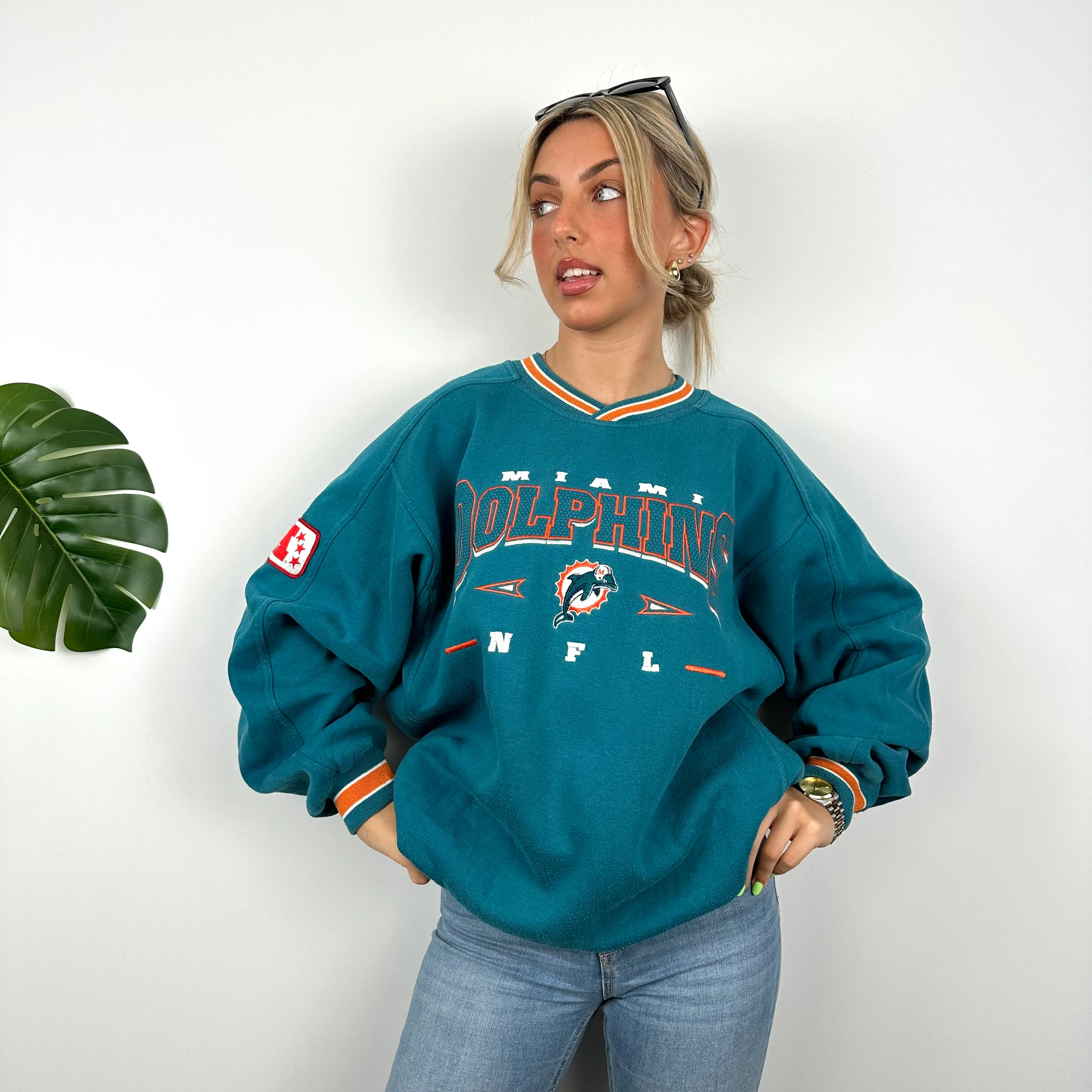 NFL Miami Dolphins Turquoise Embroidered Spell Out Sweatshirt (L) - Image 4