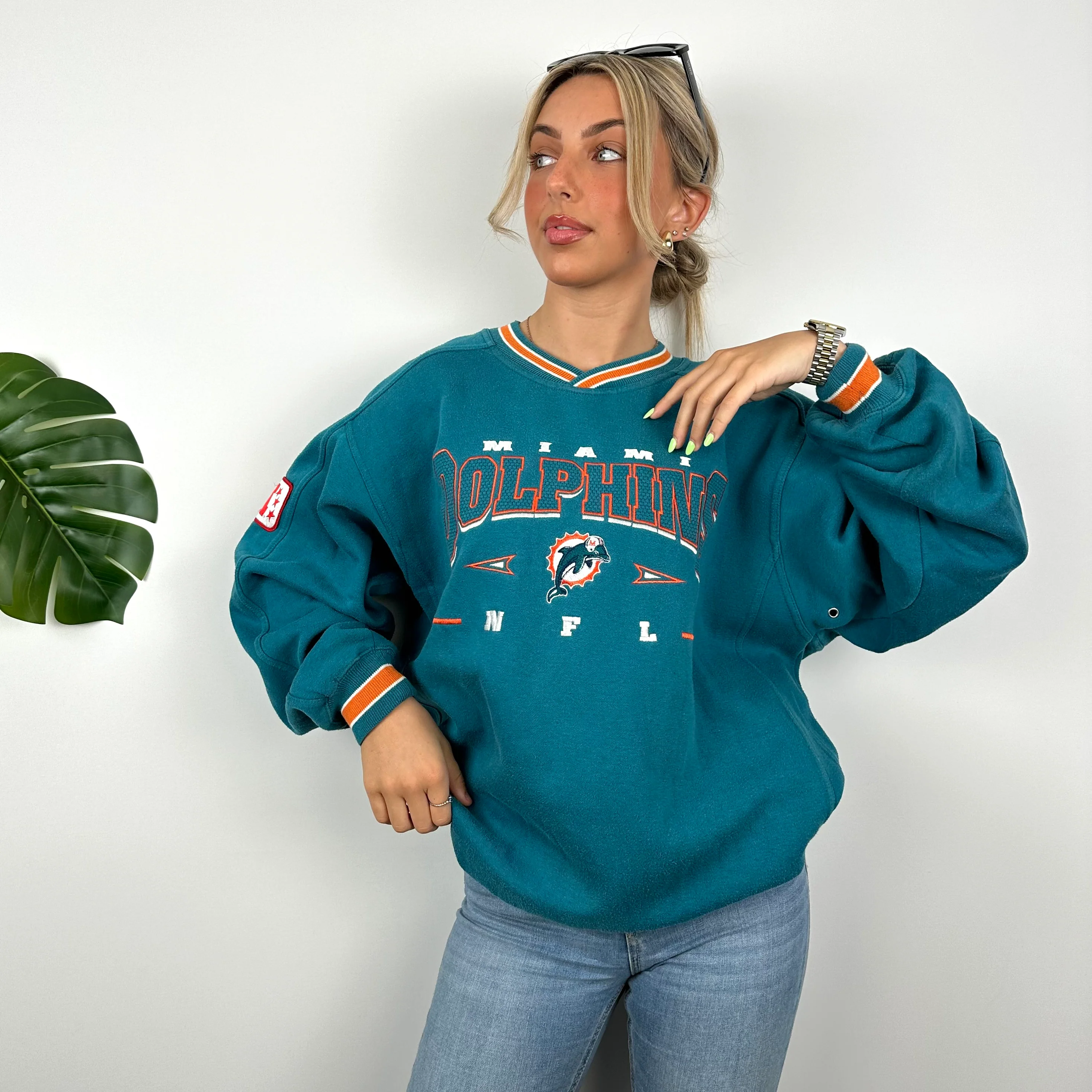 NFL Miami Dolphins Turquoise Embroidered Spell Out Sweatshirt (L) - Image 5