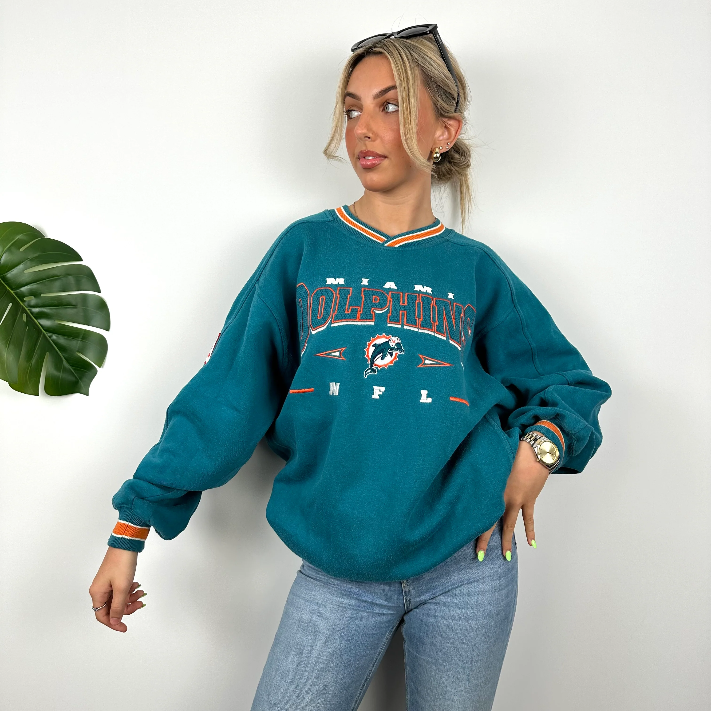 NFL Miami Dolphins Turquoise Embroidered Spell Out Sweatshirt (L) - Image 6