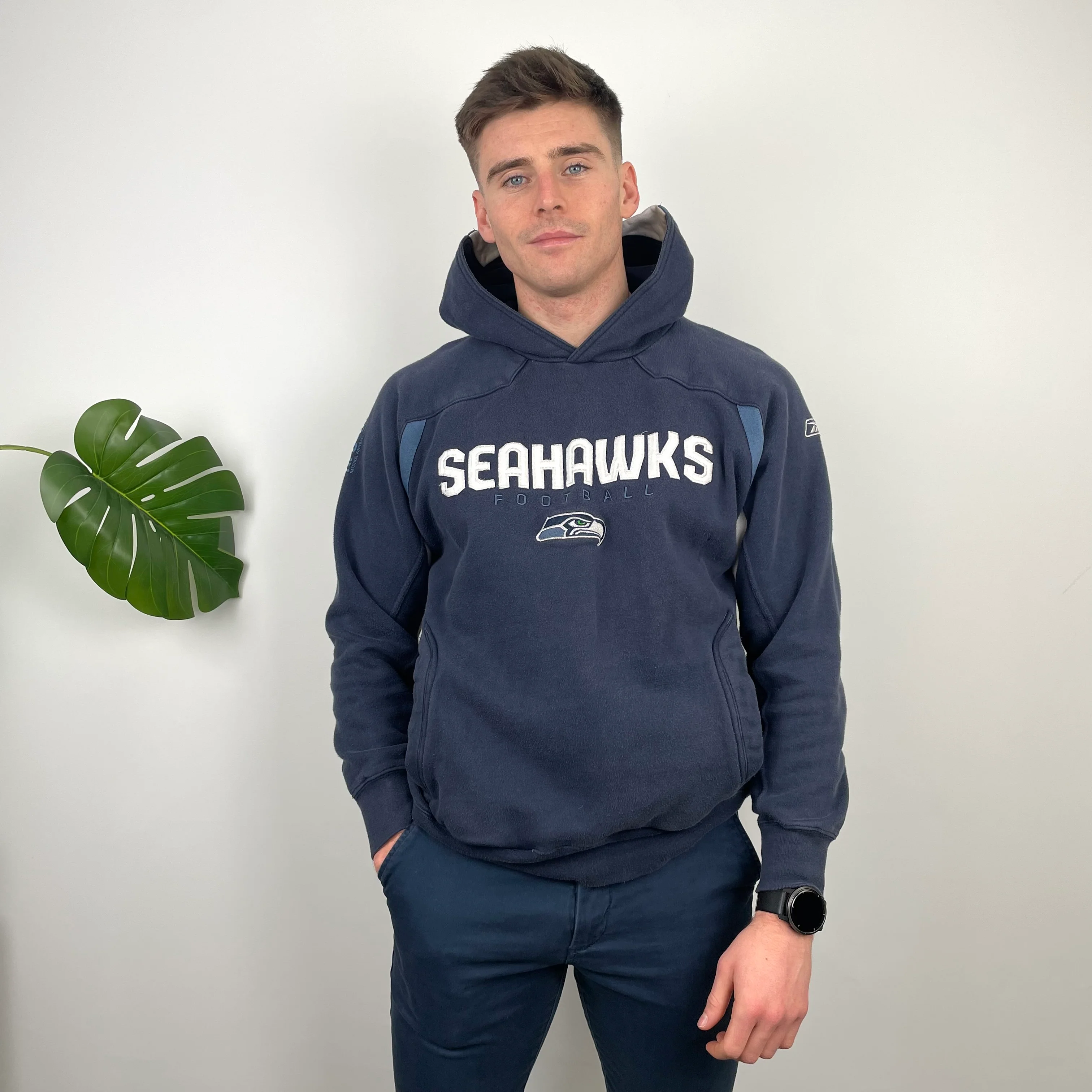 NFL Seattle Seahawks Navy Embroidered Spell Out Sweatshirt (M) - Image 2