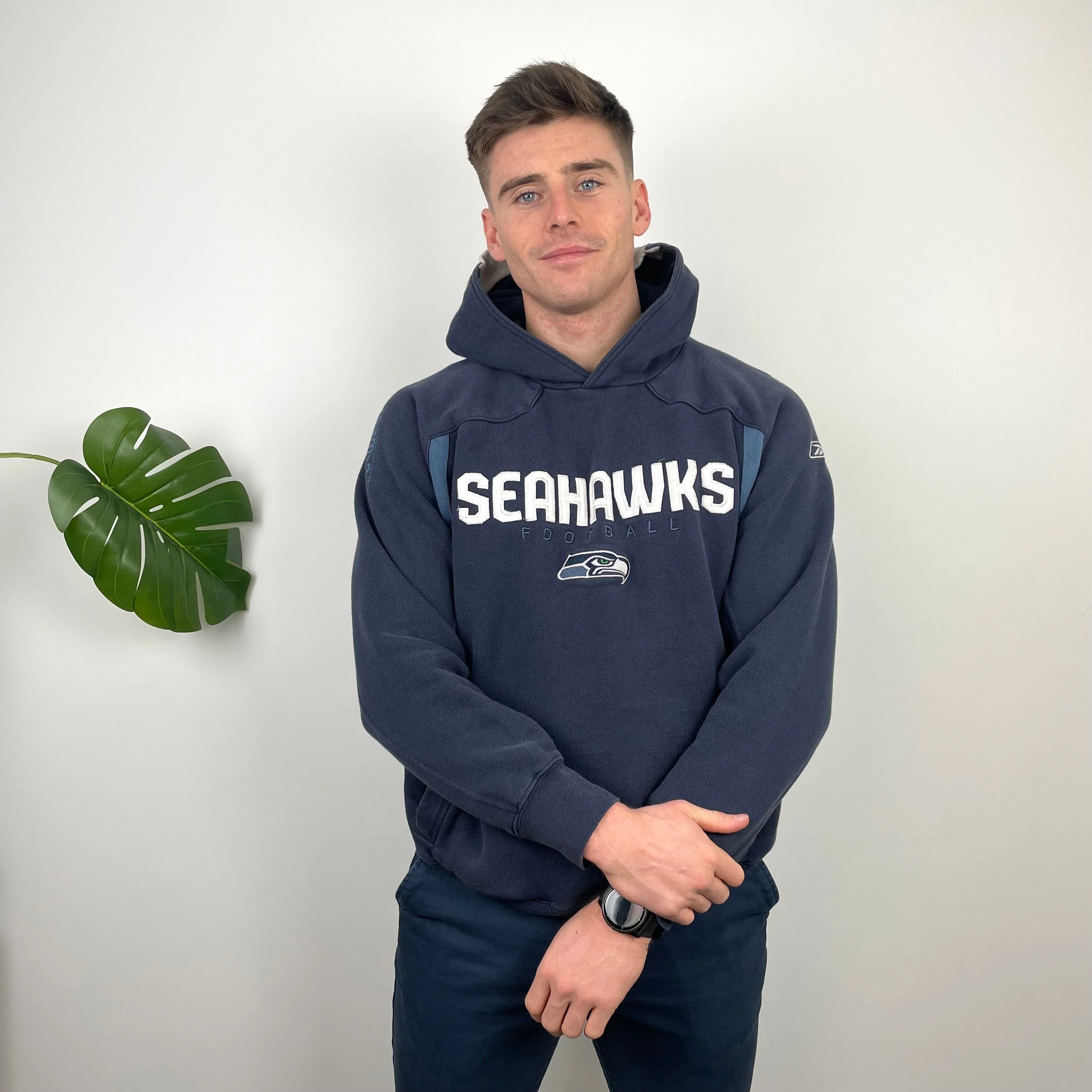NFL Seattle Seahawks Navy Embroidered Spell Out Sweatshirt (M) - Image 5