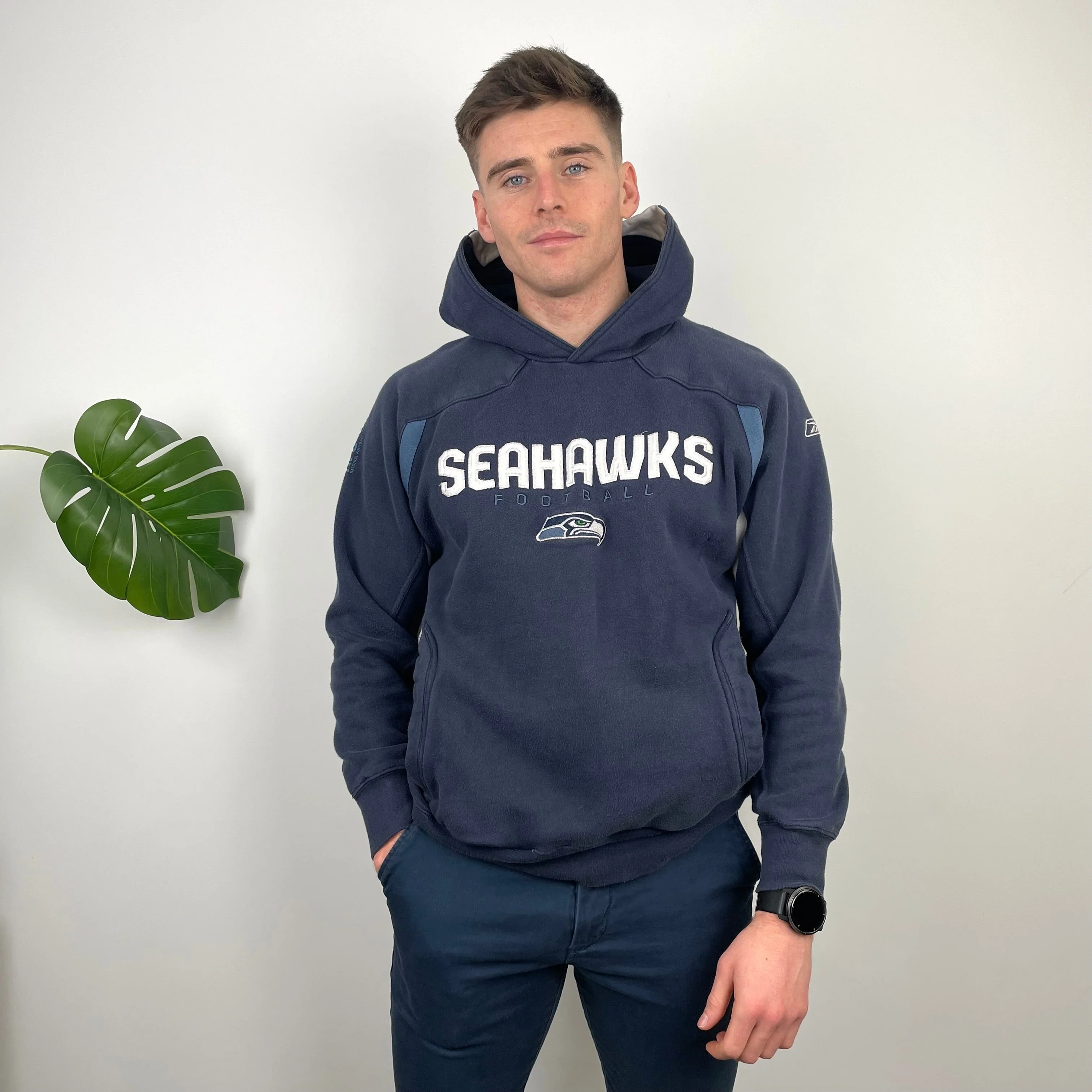 NFL Seattle Seahawks Navy Embroidered Spell Out Sweatshirt (M) - Image 2