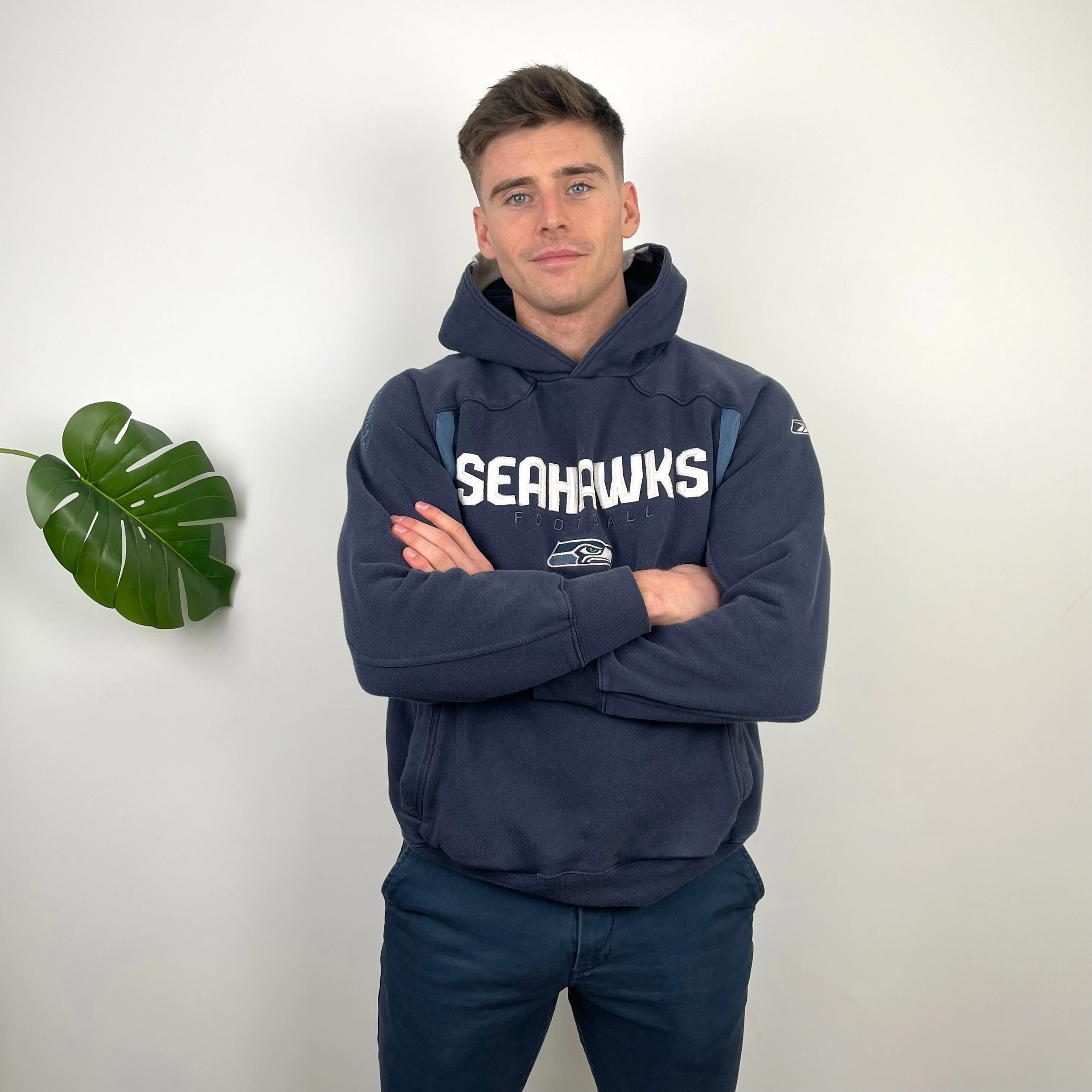 NFL Seattle Seahawks Navy Embroidered Spell Out Sweatshirt (M) - Image 6