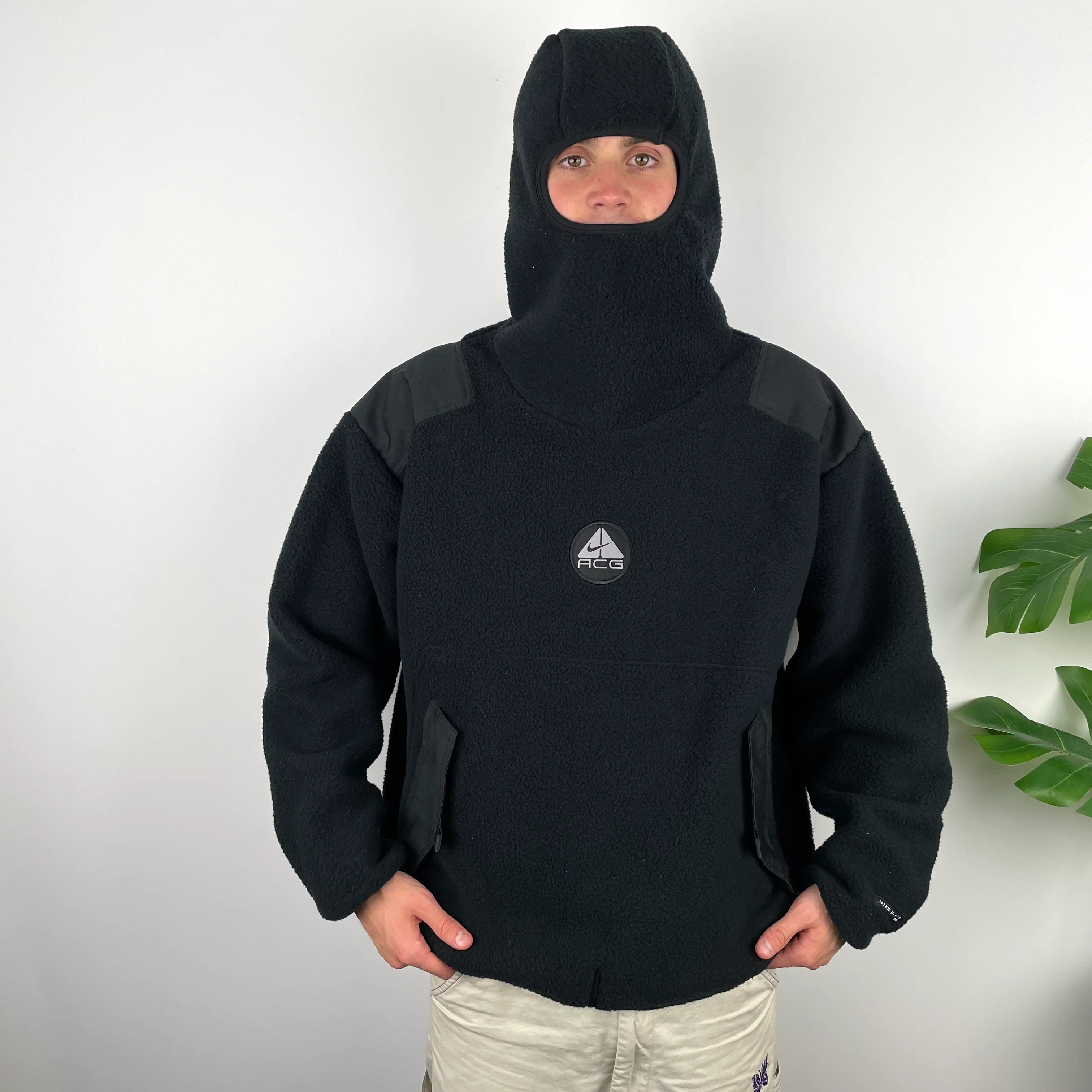 Nike ACG RARE Black Embroidered Spell Out Balaclava Teddy Bear Fleece Hoodie (L)